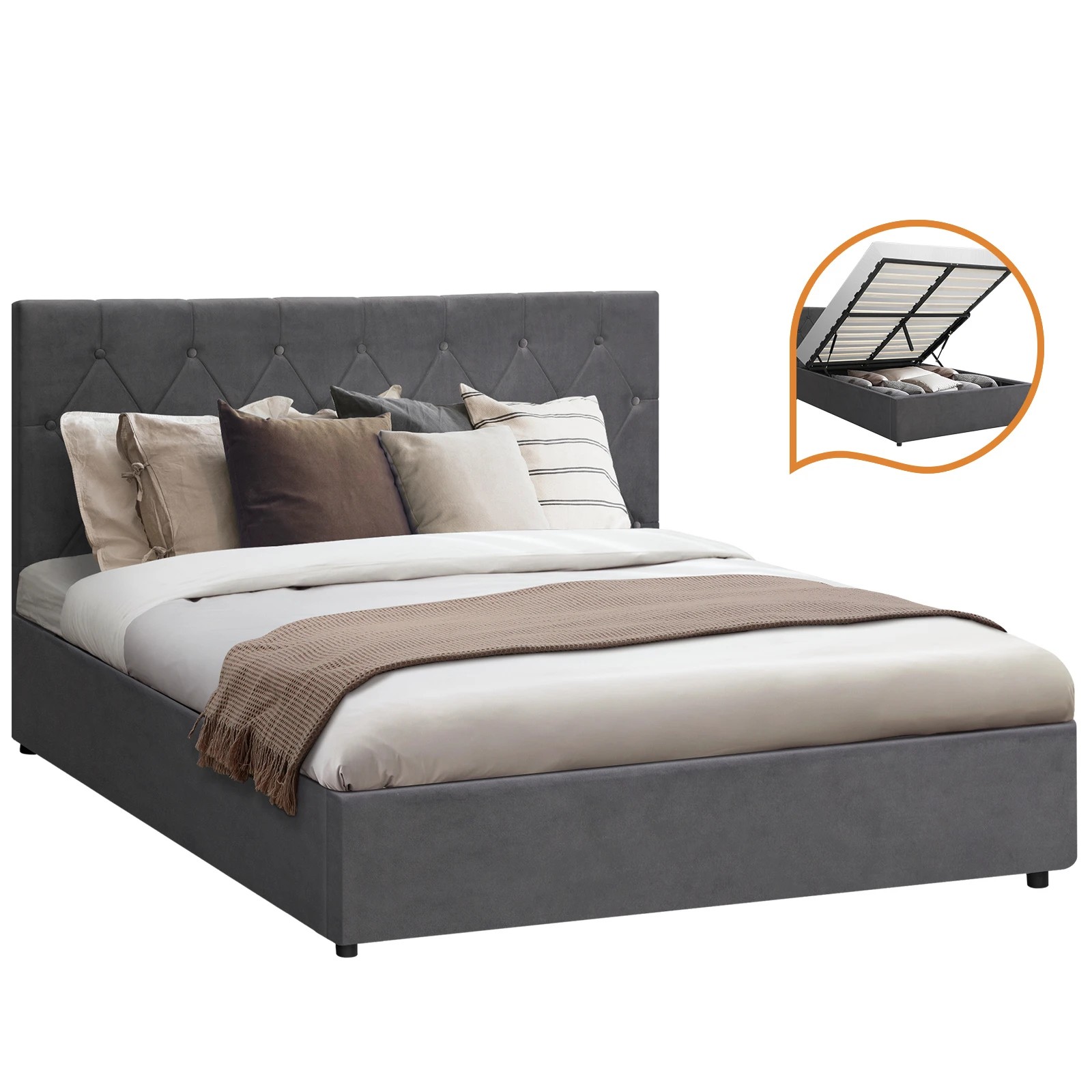 1 Oikiture Queen Bed Frame With Gas Lift Storage Base Velvet
 - Grey, 1 of 10