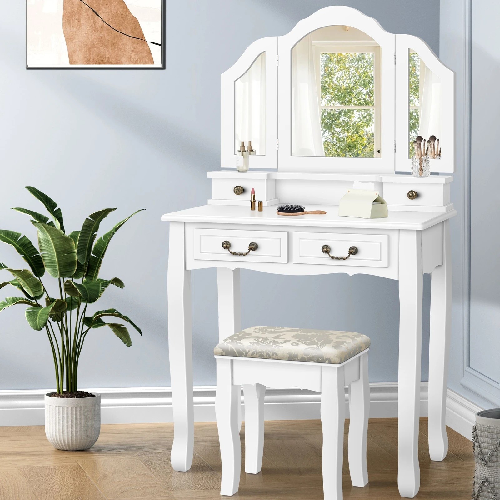 2 Alfordson Dressing Table Stool Set Makeup Foldable Mirror Vanity Desk - White, 2 of 10