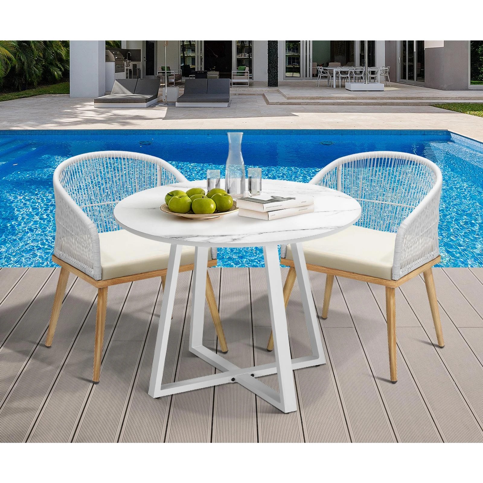 5 Livsip Outdoor Dining Marble Table Patio Furniture Sintered Stone Top 90cm
 - White, 5 of 10