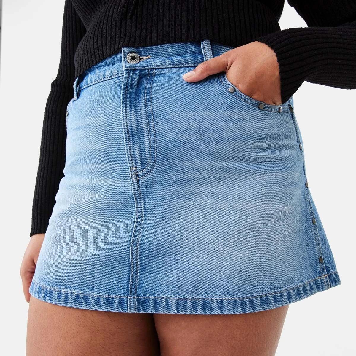 3 Studded Denim Mini Skirt Mid Wash, 3 of 9