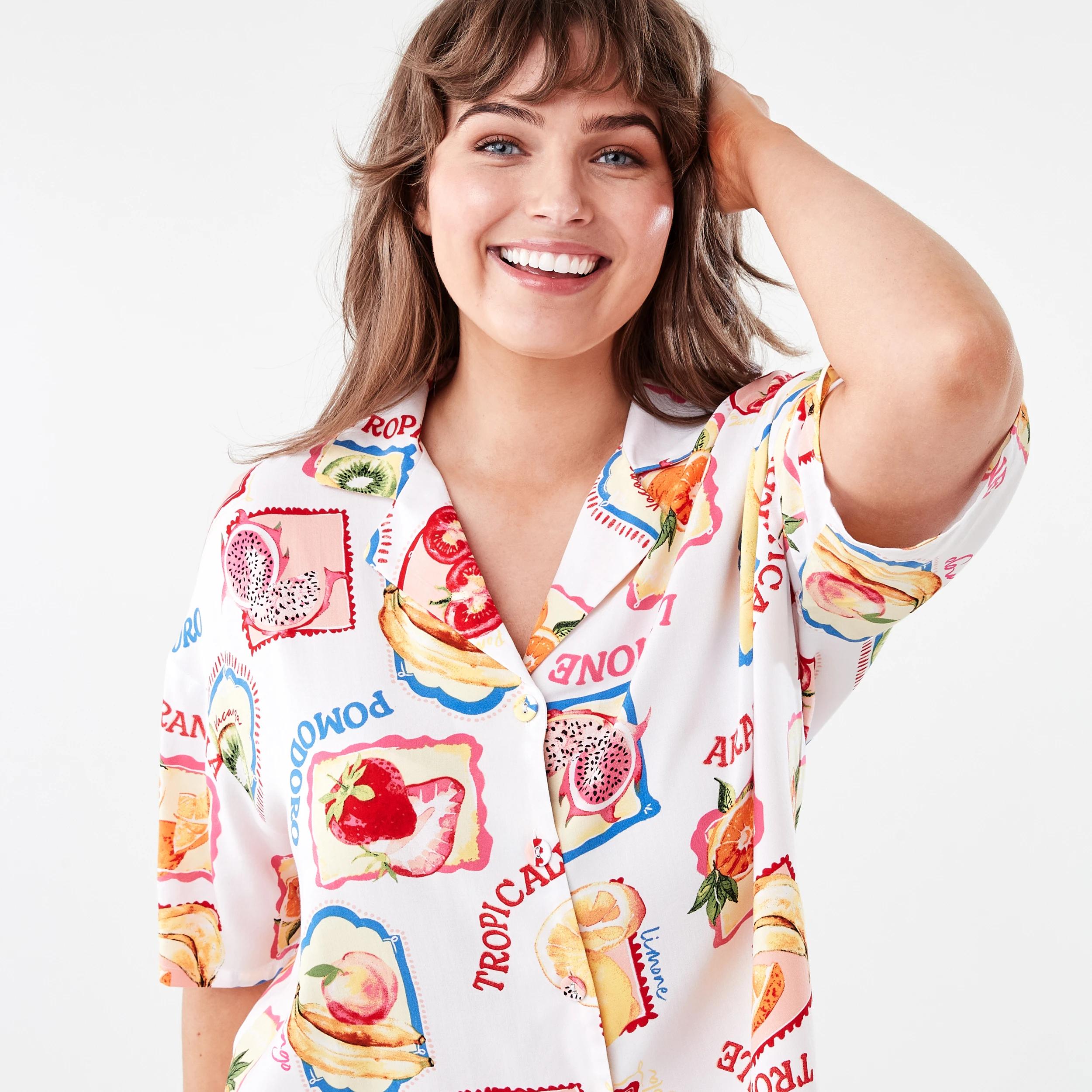 4 Short Sleeve Top and Shorts Woven Boxy Pyjama Set FRUIT FRAME WHITE, 4 of 7