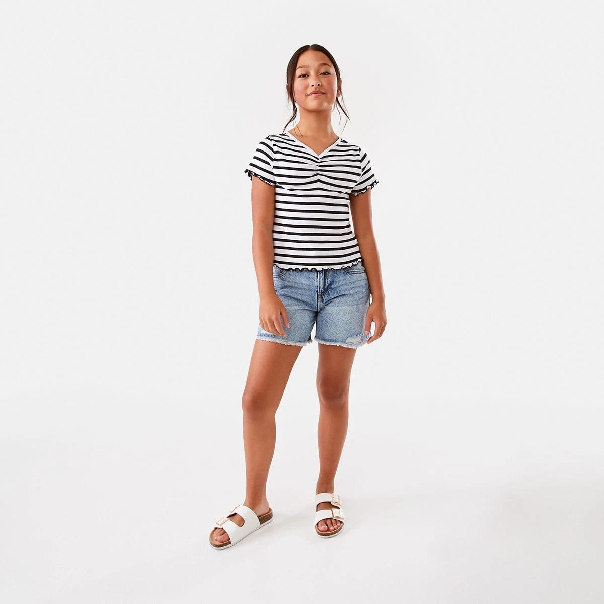 7 Ruched V-Neck Top Blk Stripe, 7 of 10