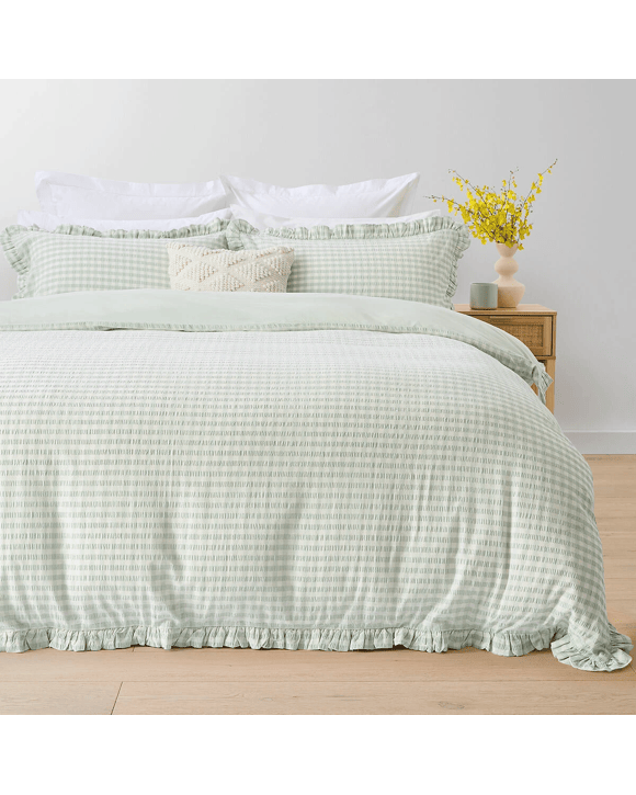 Gingham Ruffle Cotton Quilt Cover Set - Double Bed, Sage