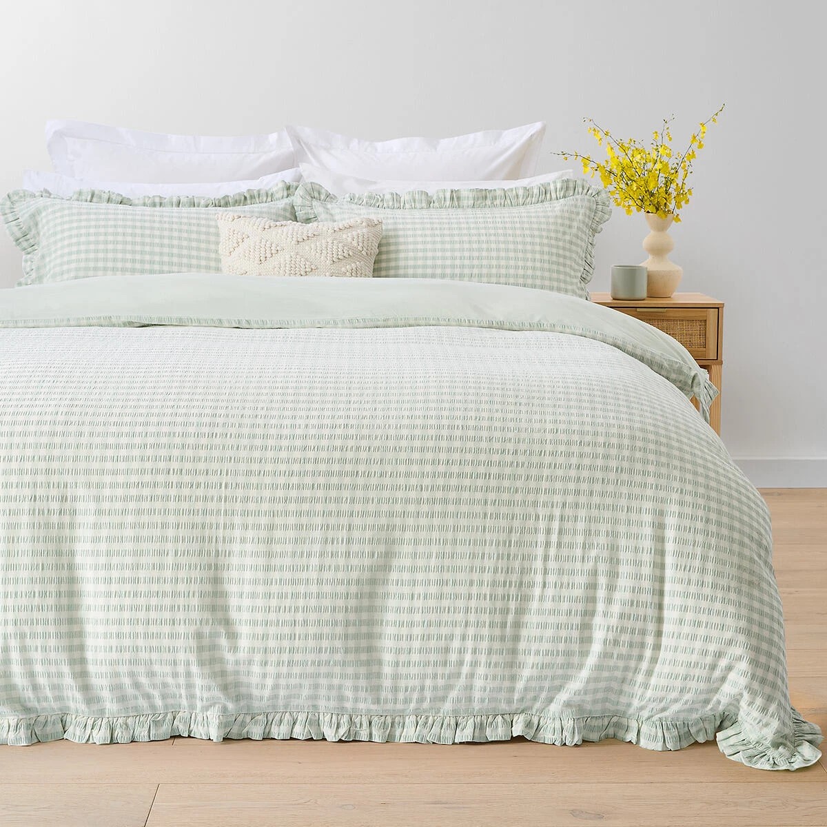 1 Gingham Ruffle Cotton Quilt Cover Set - Double Bed, Sage, 1 of 6