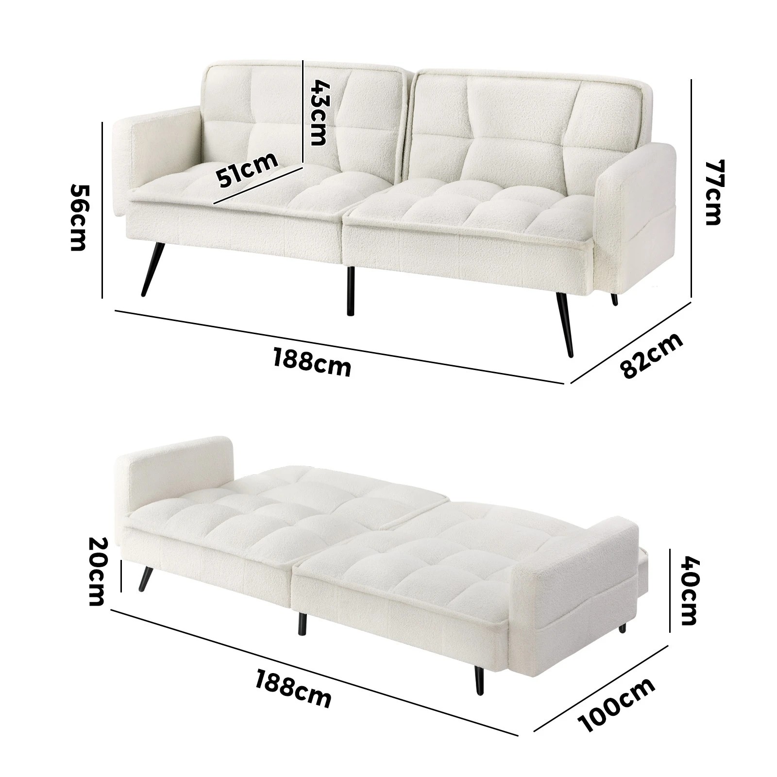 10 Oikiture 3-seater Sofa Bed Convertible Boucle Sherpa Lounge Couch Recliner
 - White, 10 of 10