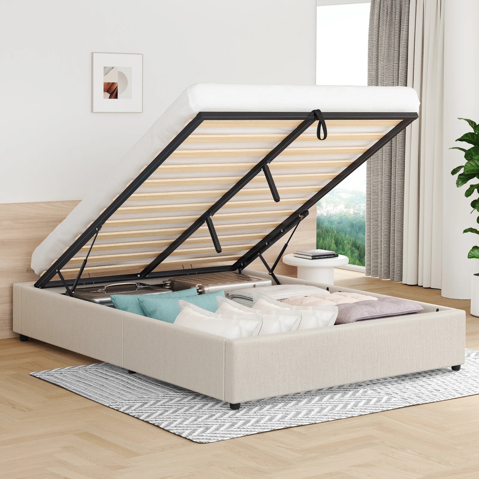 2 Alfordson Bed Frame Queen Size Gas Lift Storage Mattress Base Barlow - Beige, 2 of 10