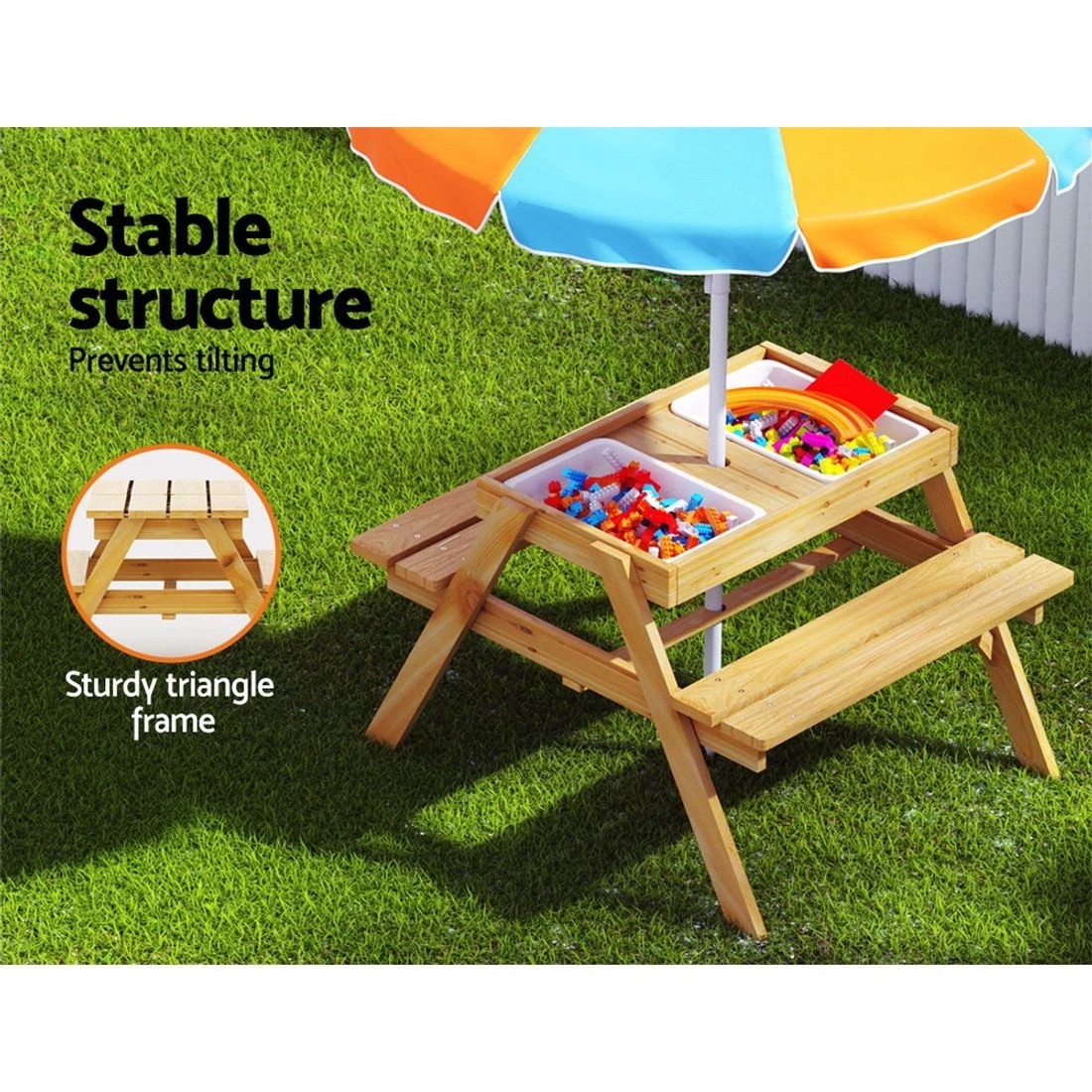 5 Keezi Kids Outdoor Table and Chairs Picnic Bench Umbrella Set Water Sand Pit Box - Natural, 5 of 7