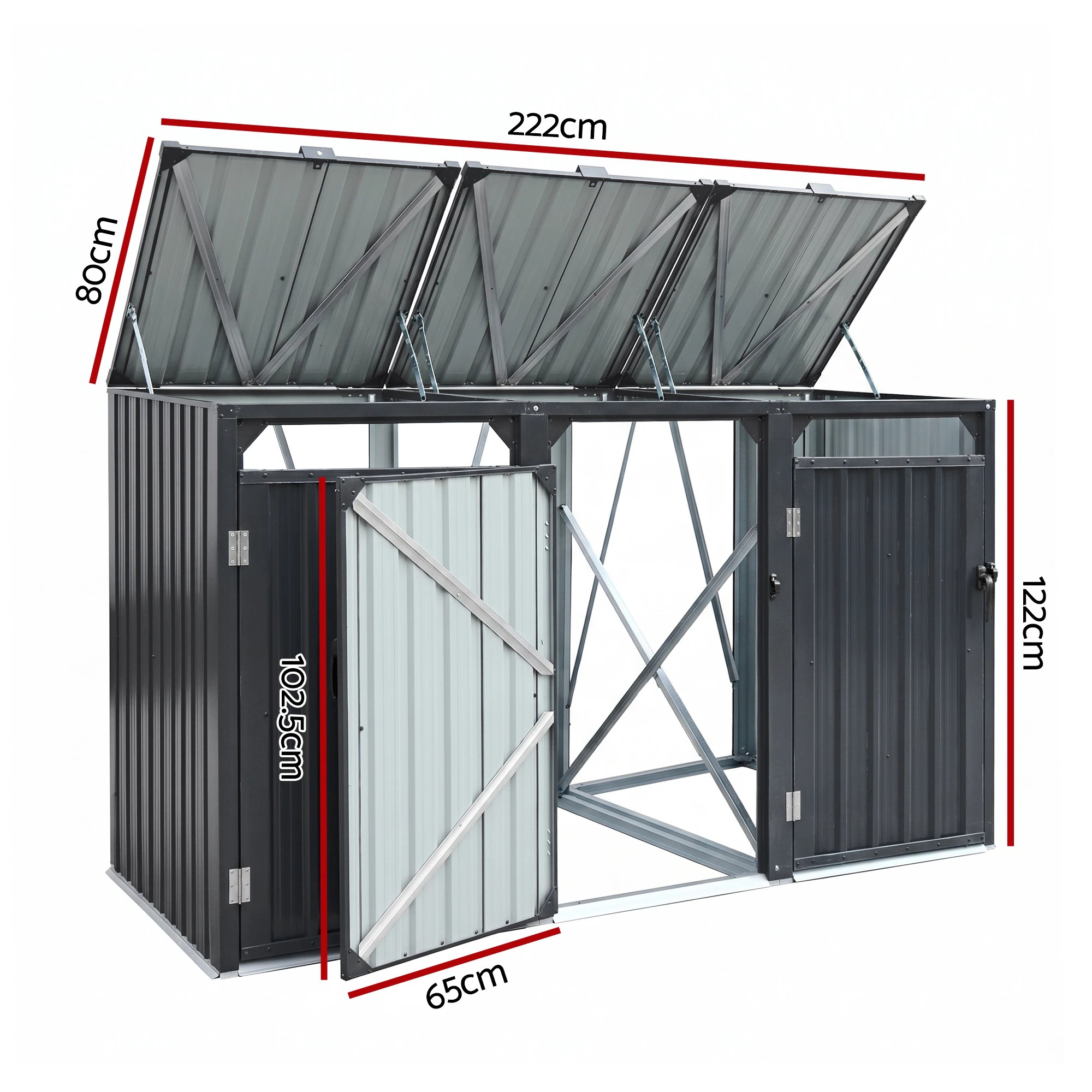 3 Giantz Bin Shed Triple Wheelie Waste Bins Storage Steel Garden Enclosure - Black, 3 of 8