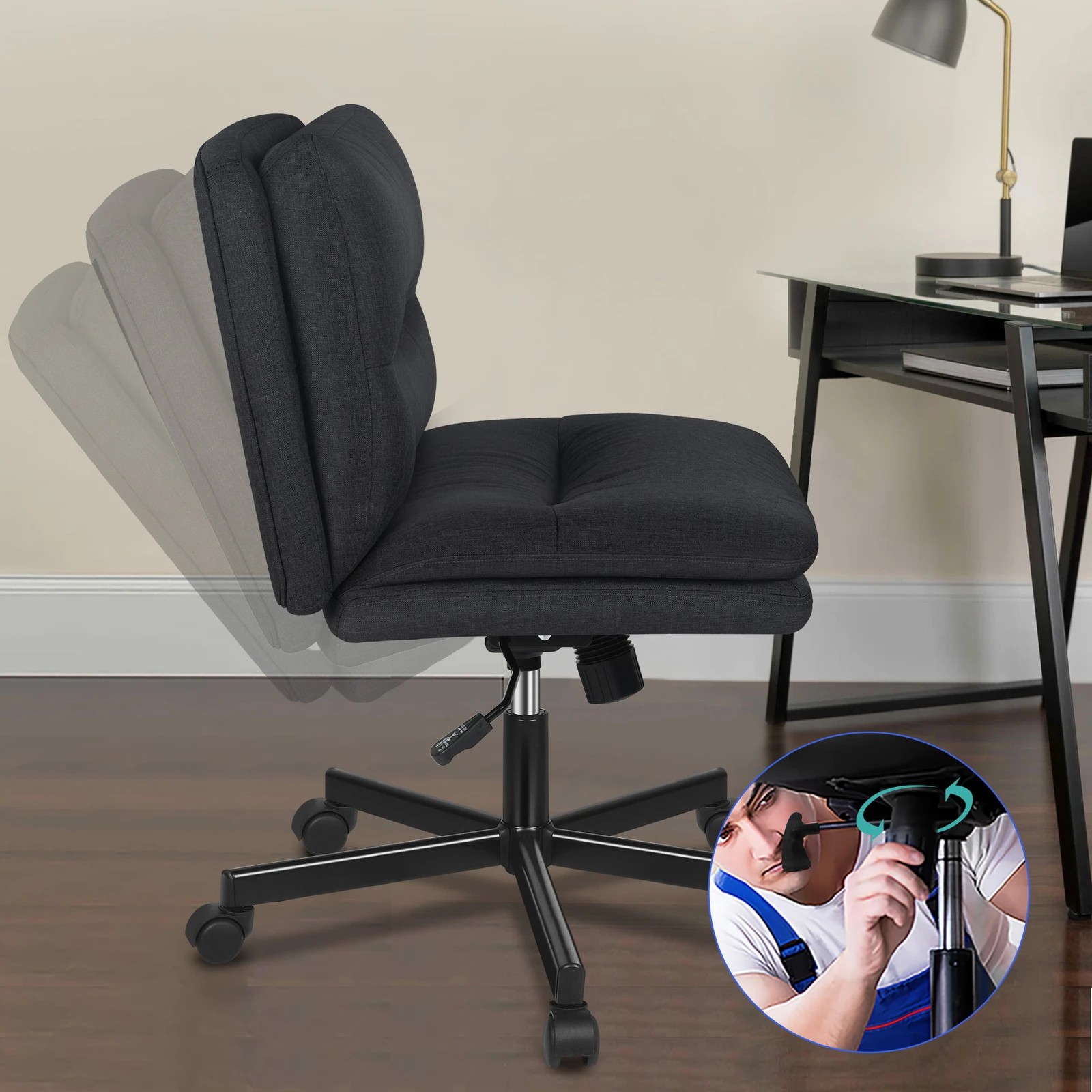 3 Alfordson Desk Chair Office Computer Armless Wide Seat Mid Back Fabric - Black, 3 of 7