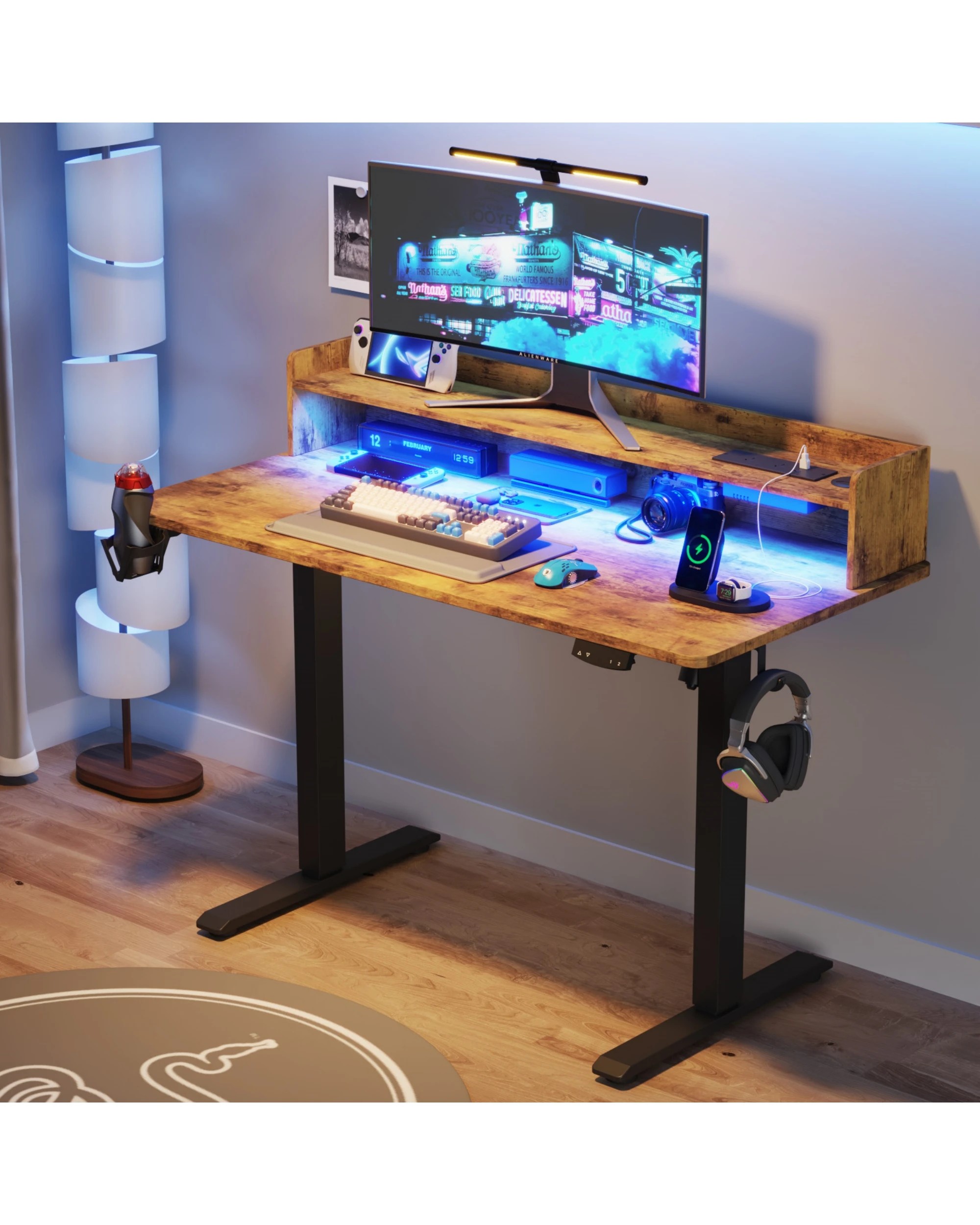 3 Advwin Led Rgb Light Electric Standing Desk With Power Outlets & Monitor Stand 120cm
 - Brown, 3 of 8