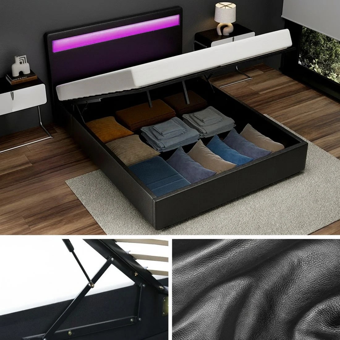 4 Artiss Bed Frame Double Size LED Gas Lift  COLE - Black, 4 of 10