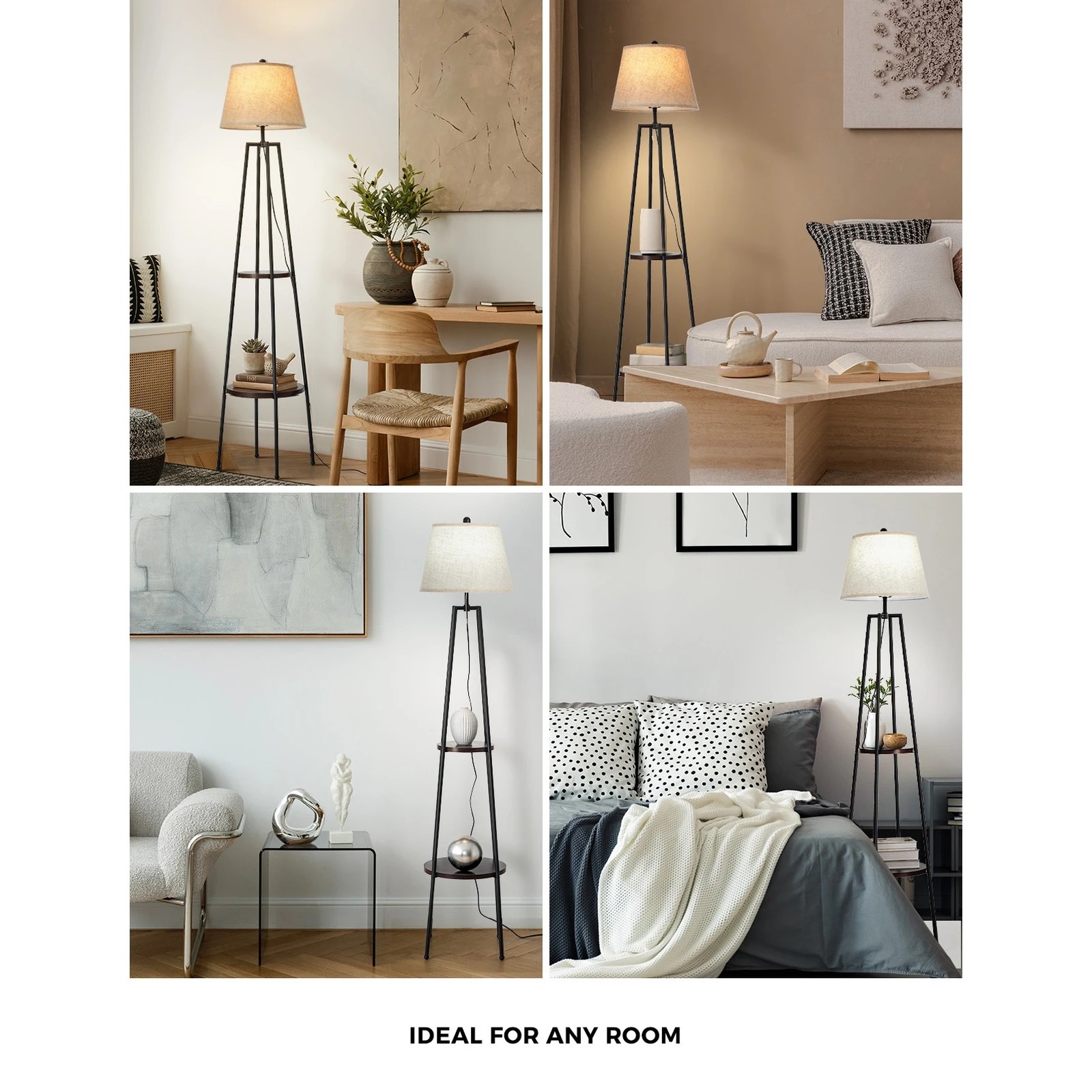 3 Oikiture Floor Lamps Fabric Shade Standing Lamp with Display Shelf - Black, 3 of 8