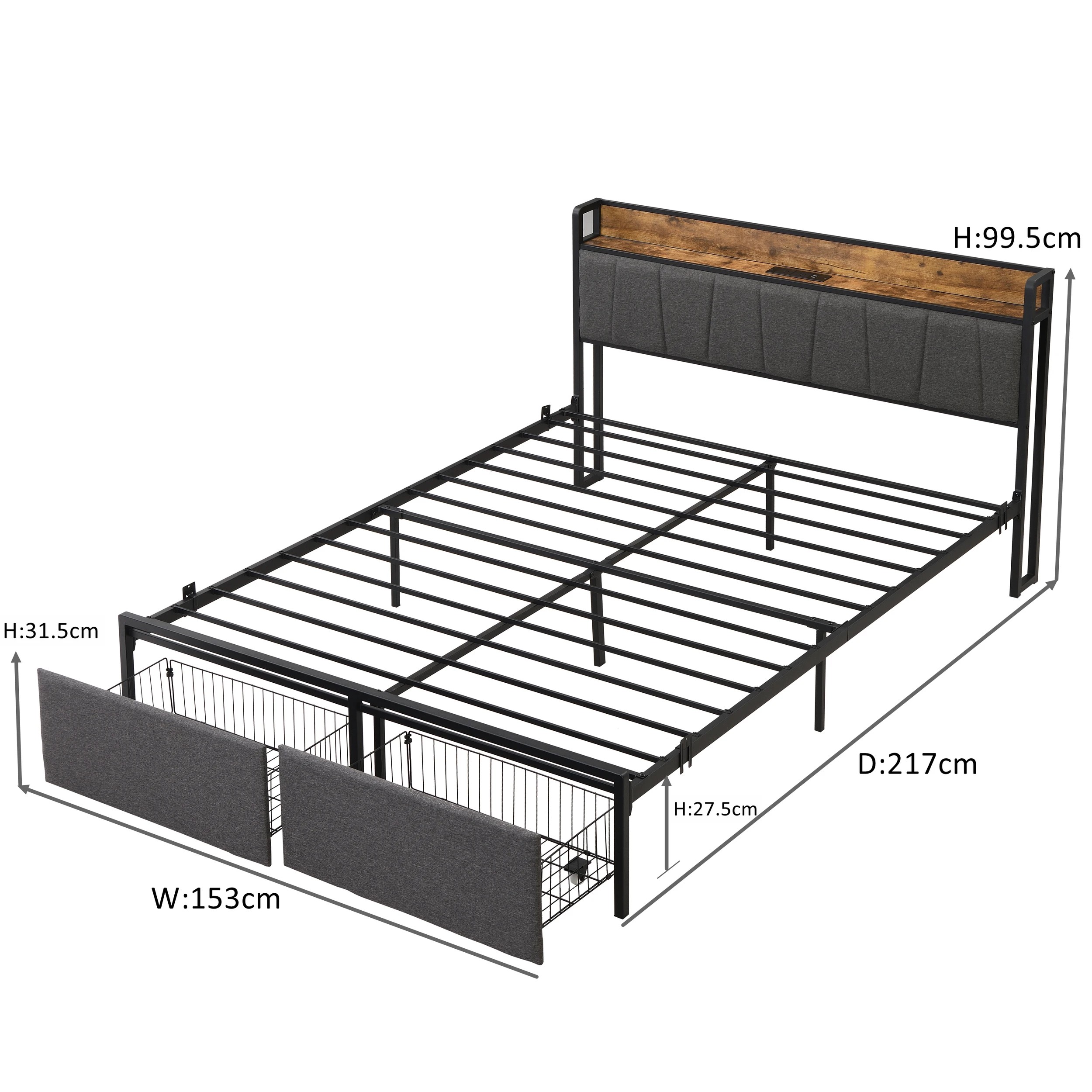 10 IHOMDEC BED04 Queen Bed Frame Charging Station 2 Drawers - Grey - Queen Bed - Grey, 10 of 10