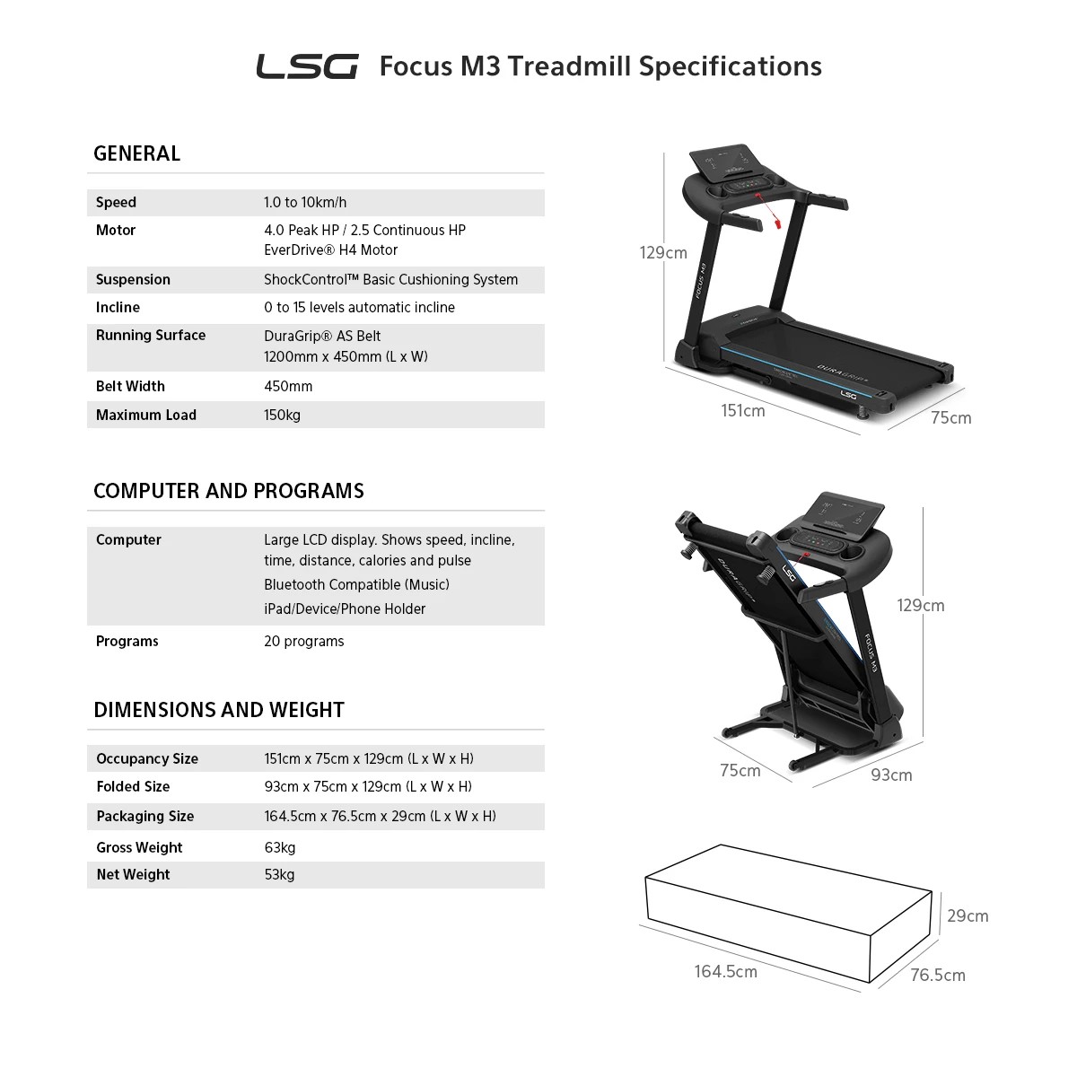 10 LSG Fitness FOCUS M3 Treadmill - Black, 10 of 10