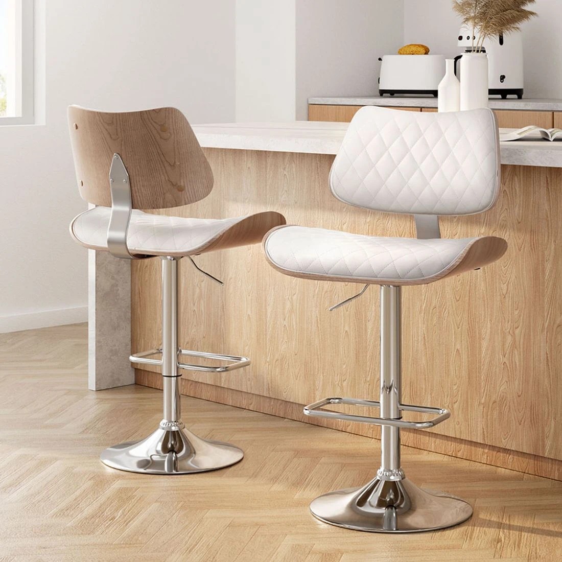 3 Artiss 2x Bar Stools Kitchen Dining Chairs Gas Lift Stool Wooden Leather - White, 3 of 5