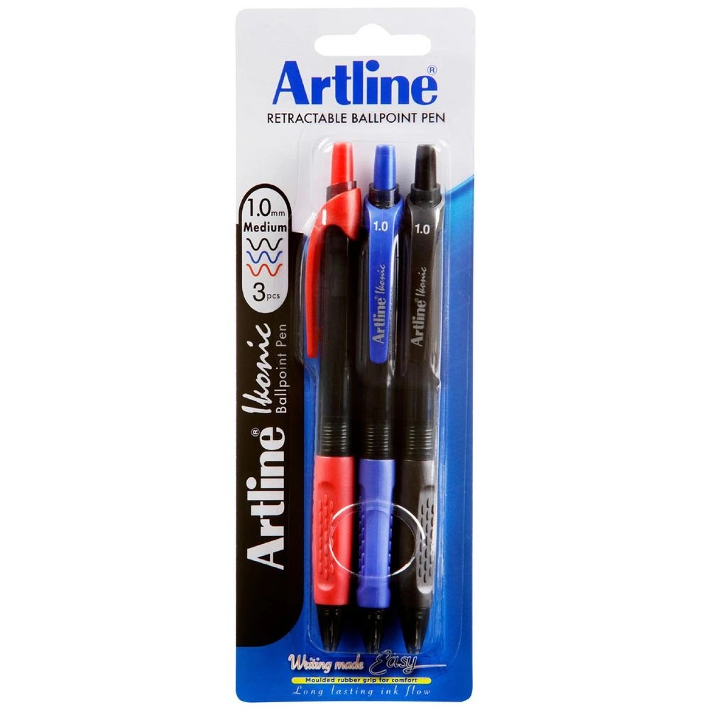 1 Artline Ikonic Retractable Ballpoint Pen Assorted 3 Pack, 1 of 2