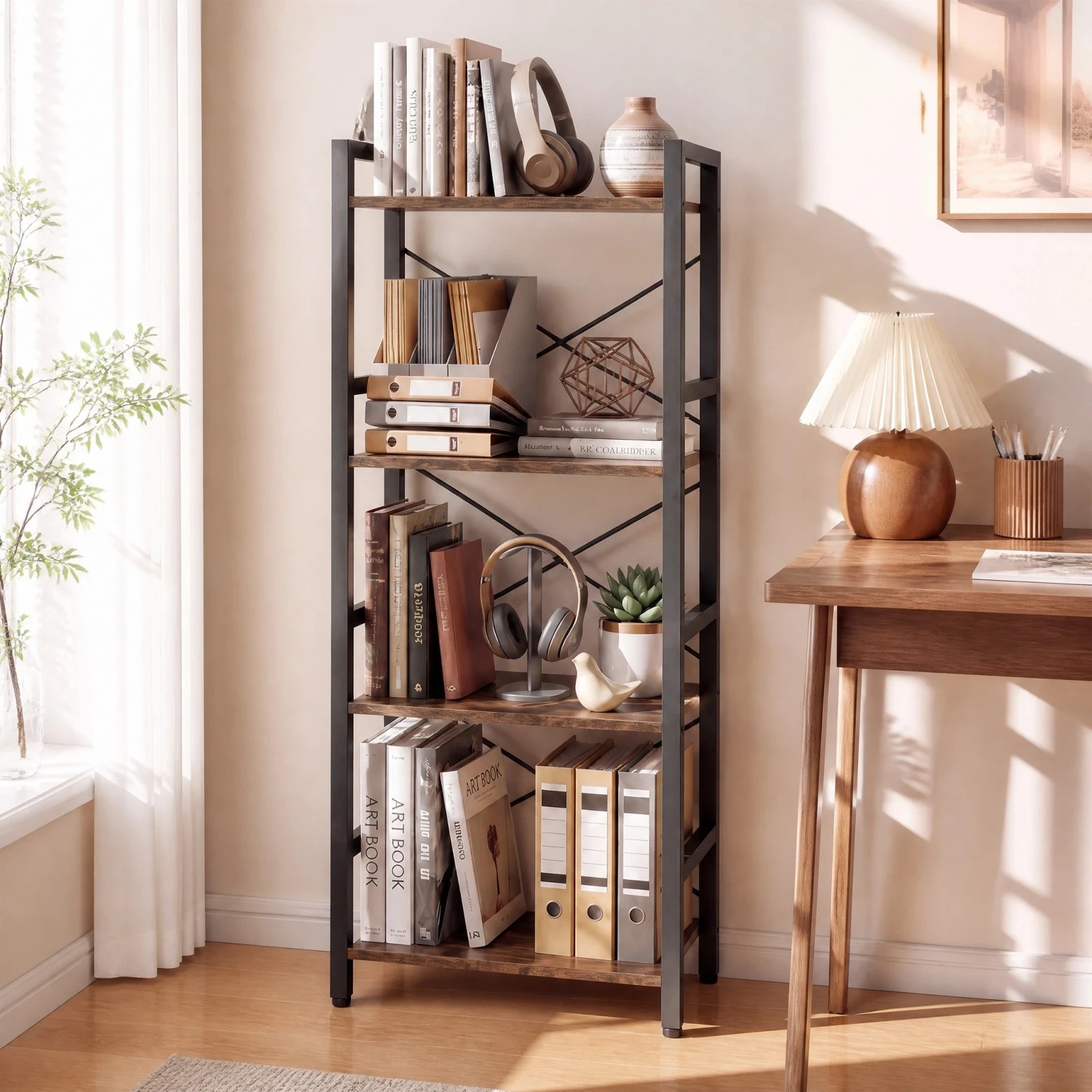 3 Costway 4-Tier Bookshelf Bookcase Metal Display Rack Open Shelves - Brown, 3 of 5