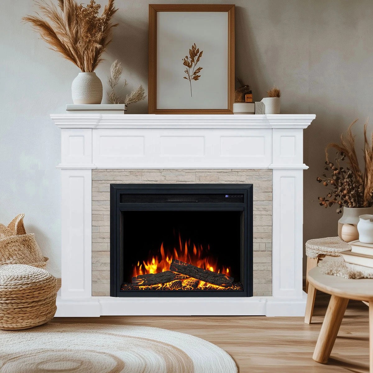 1 Moda Living Hudson Electric Fireplace Heater Stone Veneer White Mantel Suite with Moonlight Insert - White, 1 of 5