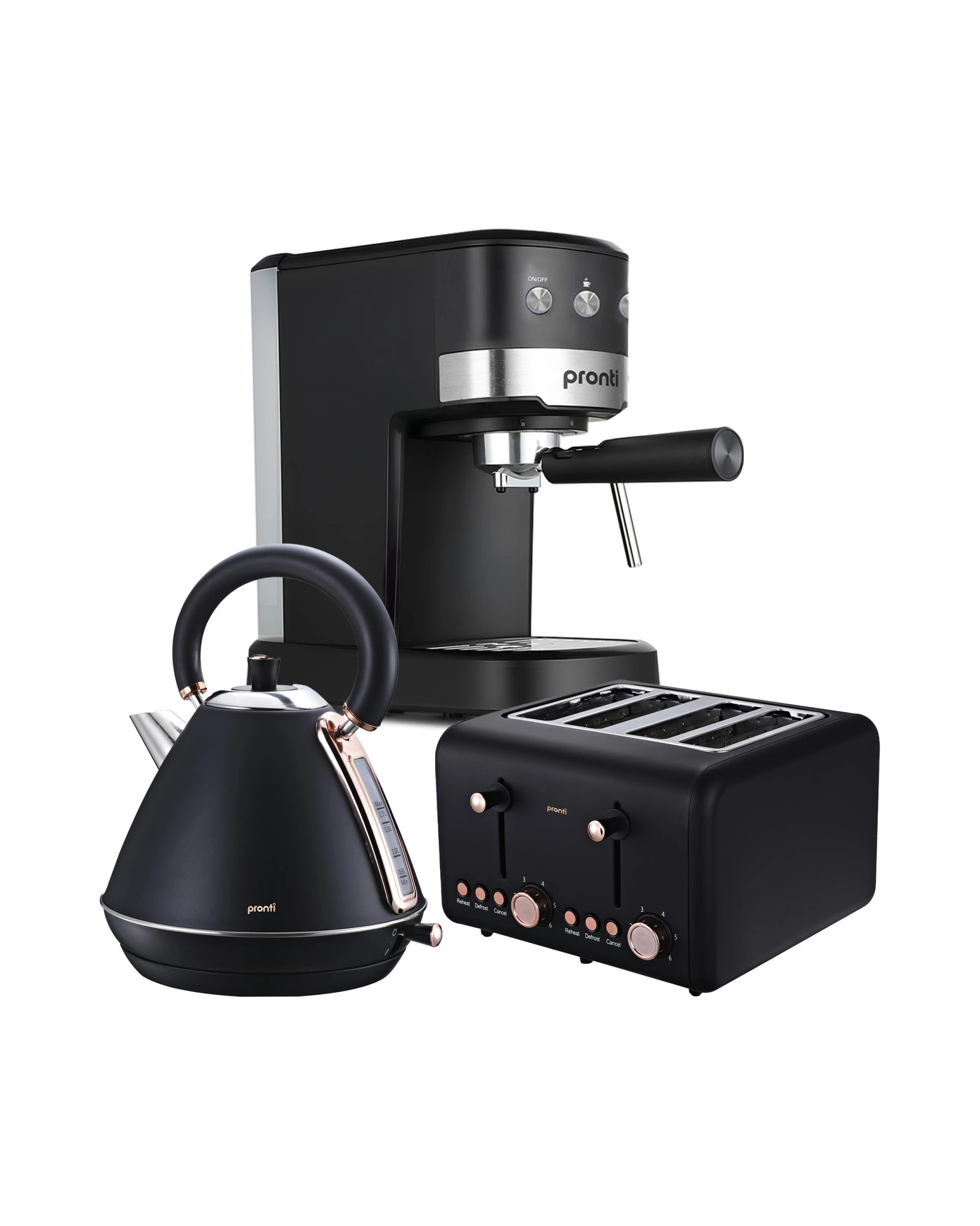 1 Pronti Breakfast Set with Rose Gold Kettle and Toaster with 1.2L Espresso Machine - Black, 1 of 5