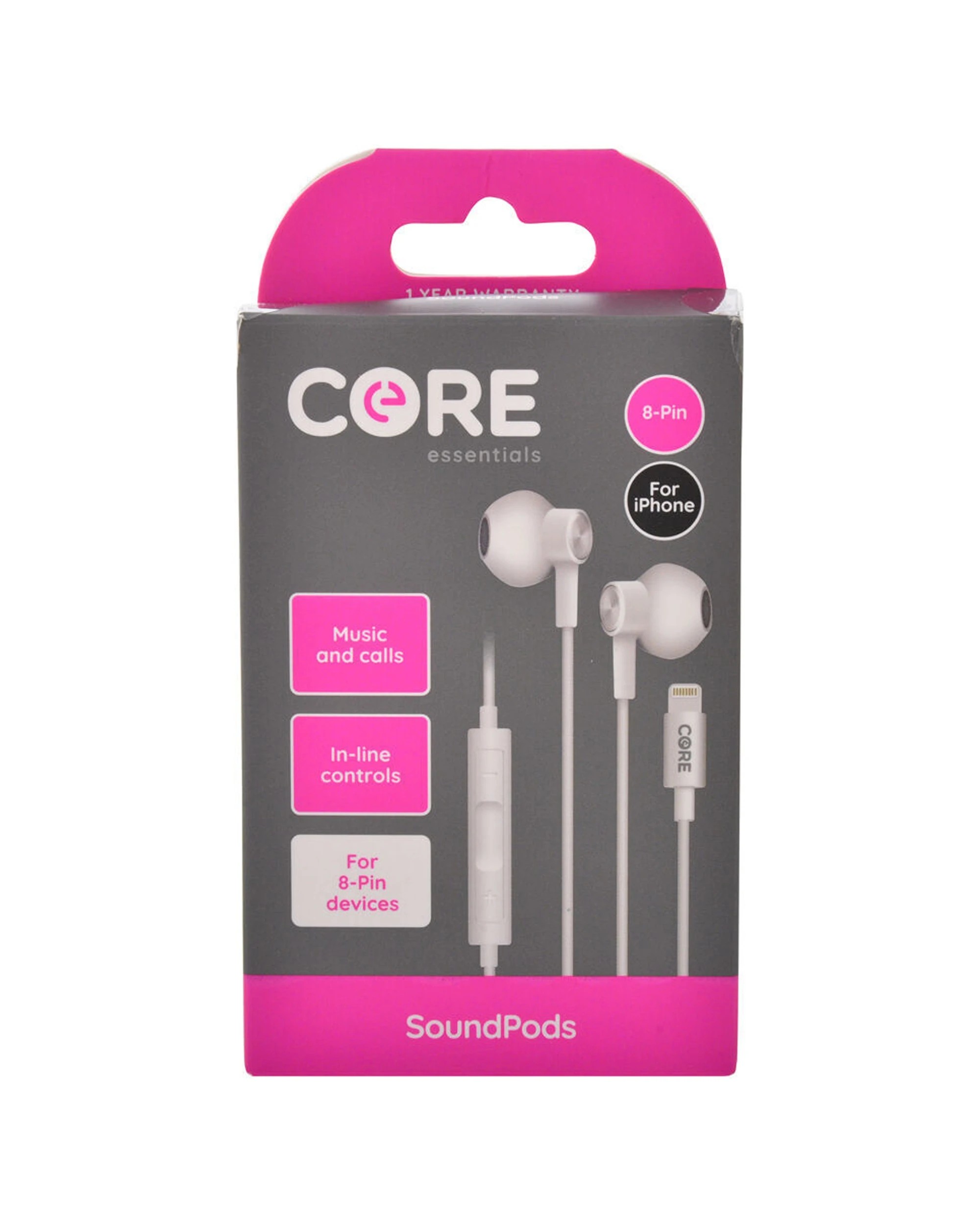 2 Core Essentials 8-Pin SoundPods Earphones 2PK Wired In-Ear With Mic 1.2m Cable
 - white, 2 of 4