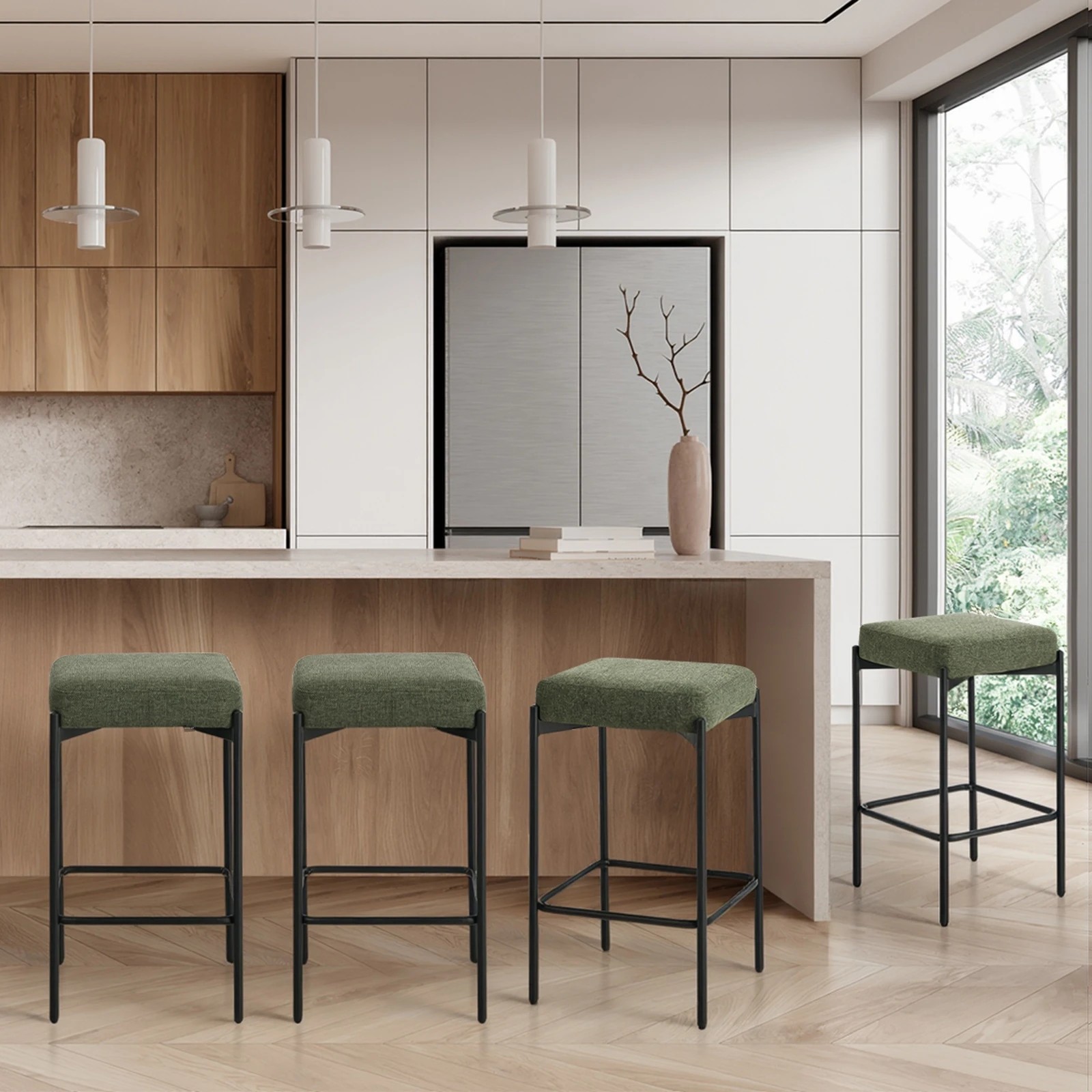 4 Oikiture 4x Bar Stools Kithen Counter Stool Dining Chair Linen Seat Metal - Green, 4 of 9