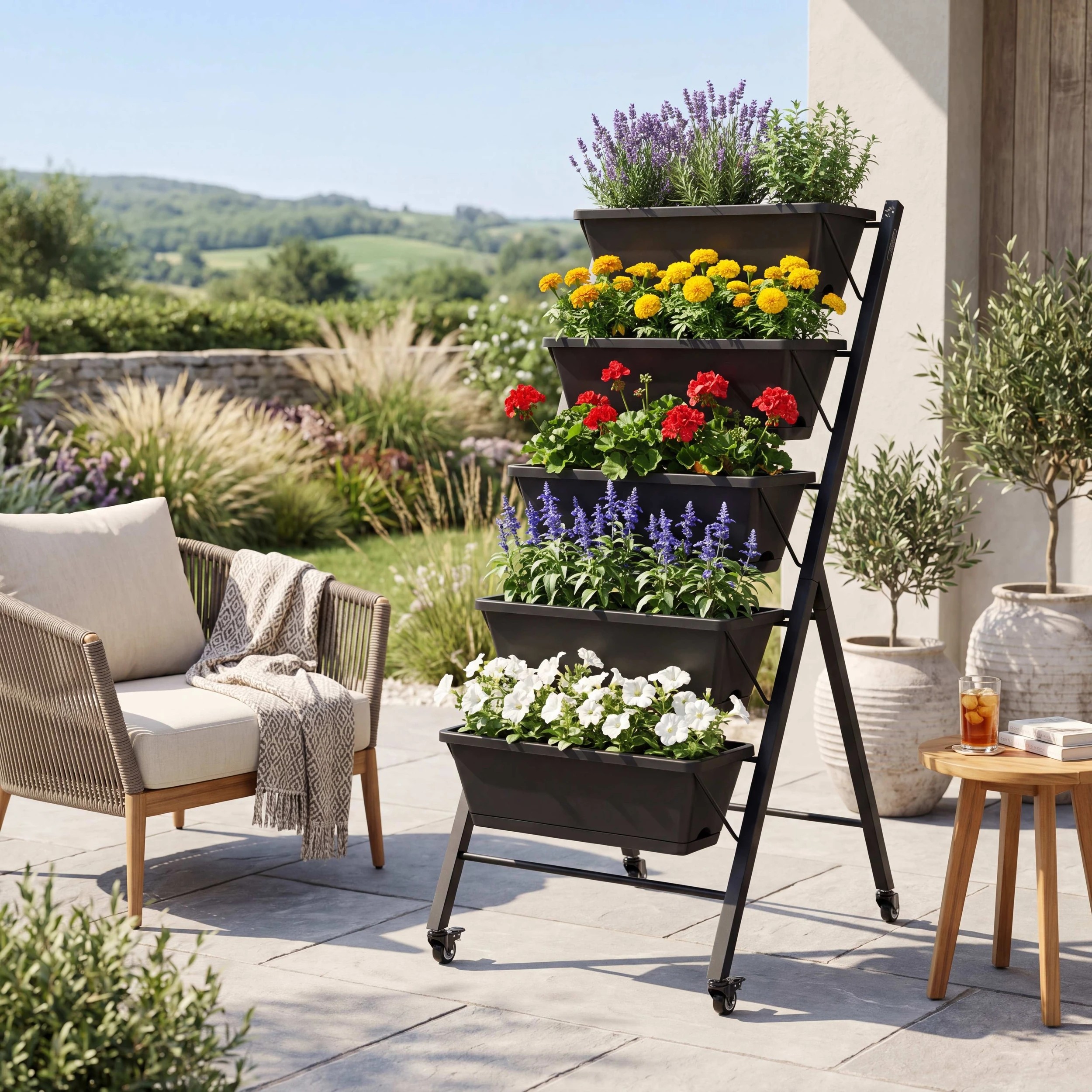 3 Costway 5-Tier Mobile Raised Garden Bed Elevated Planter Box & Tray w/Wheels & Drainage Holes - Black, 3 of 4