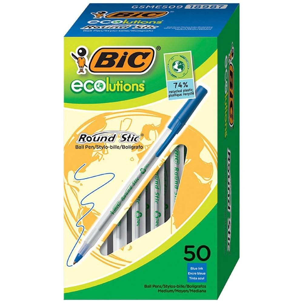 1 BIC Round Stic ECOlutions Ballpoint Pens 50 Pack Blue, 1 of 5