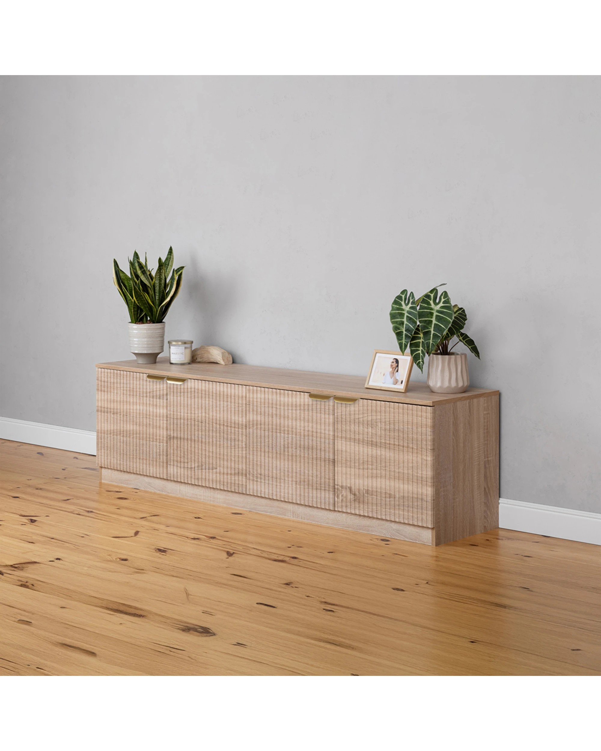 3 European Cabinetry Bucharest Oak Fluted Panel TV Unit Brass Pull Handle - Natural, 3 of 4