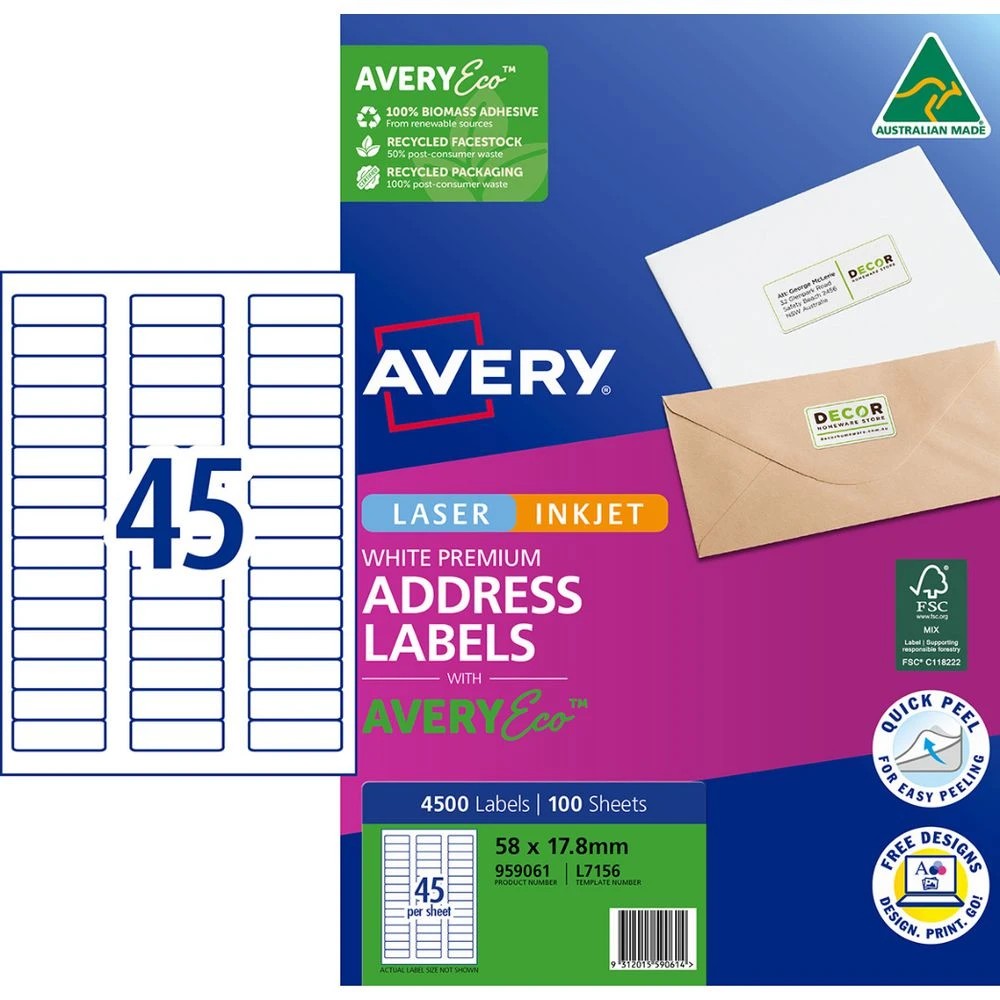 1 Avery Premium Whte Address Labels AveryEco 45UP 100sh 58x18mm, 1 of 9