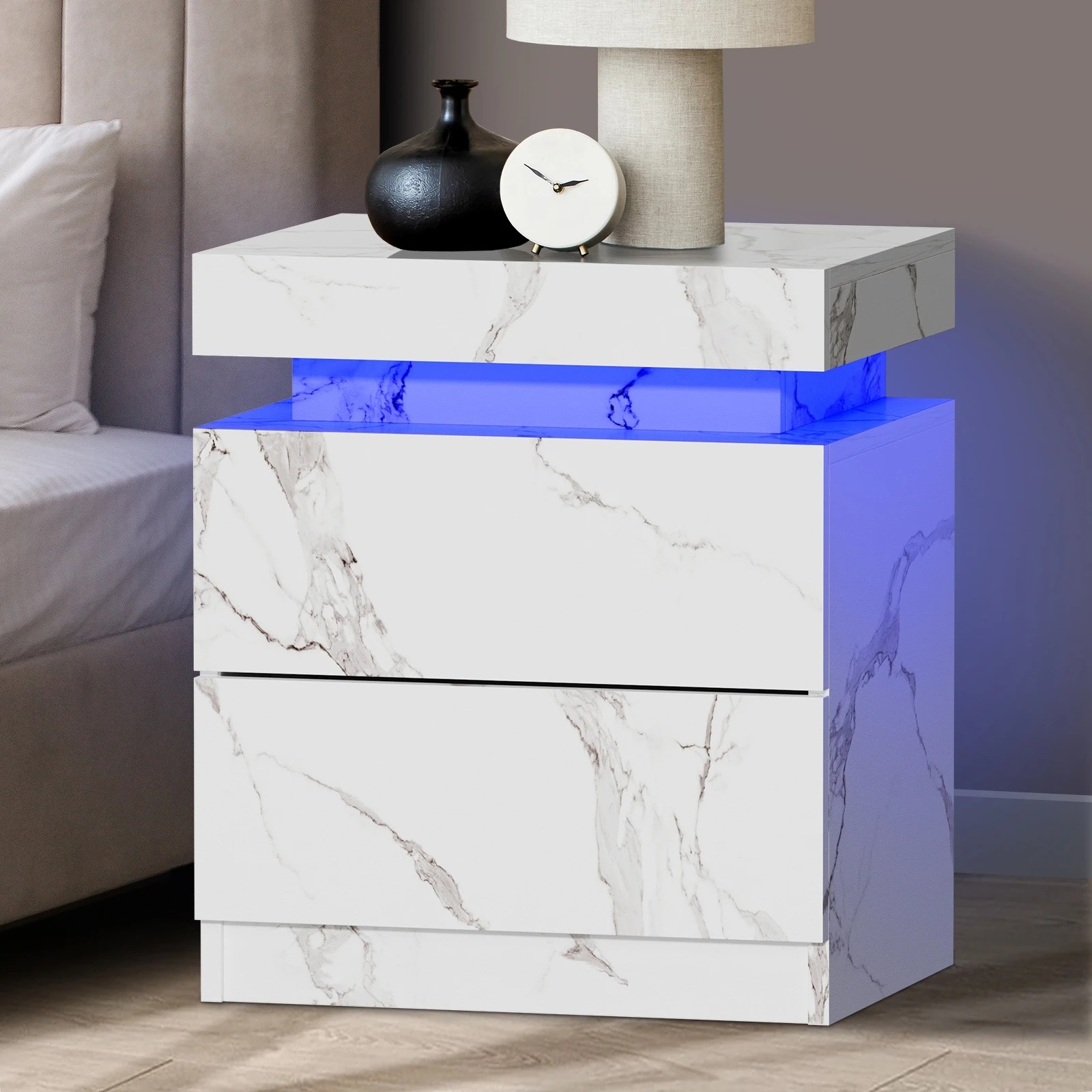 2 Oikiture Bedside Table 2 Drawers Led Side Nightstand Marble Effect
 - White, 2 of 10