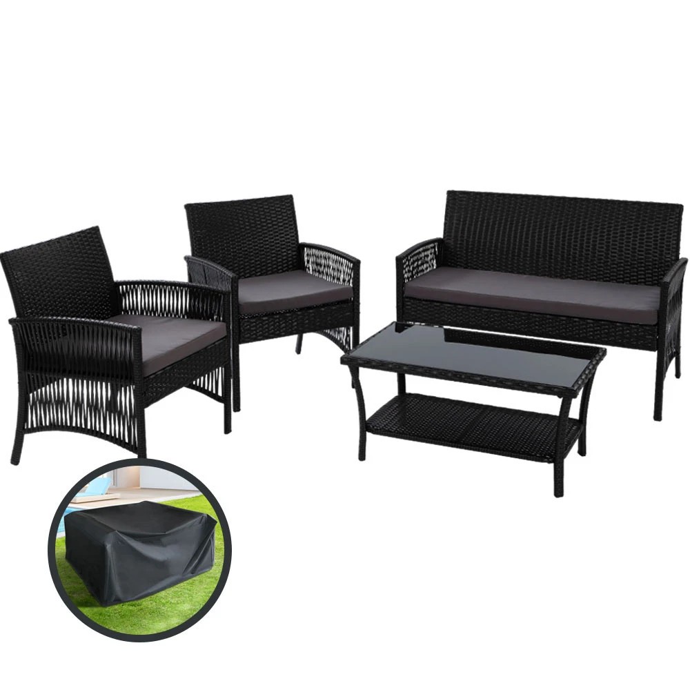 1 Gardeon 4PCS OutdoorSofa Set with Storage Cover Wicker Harp Chair Table - Black, 1 of 6