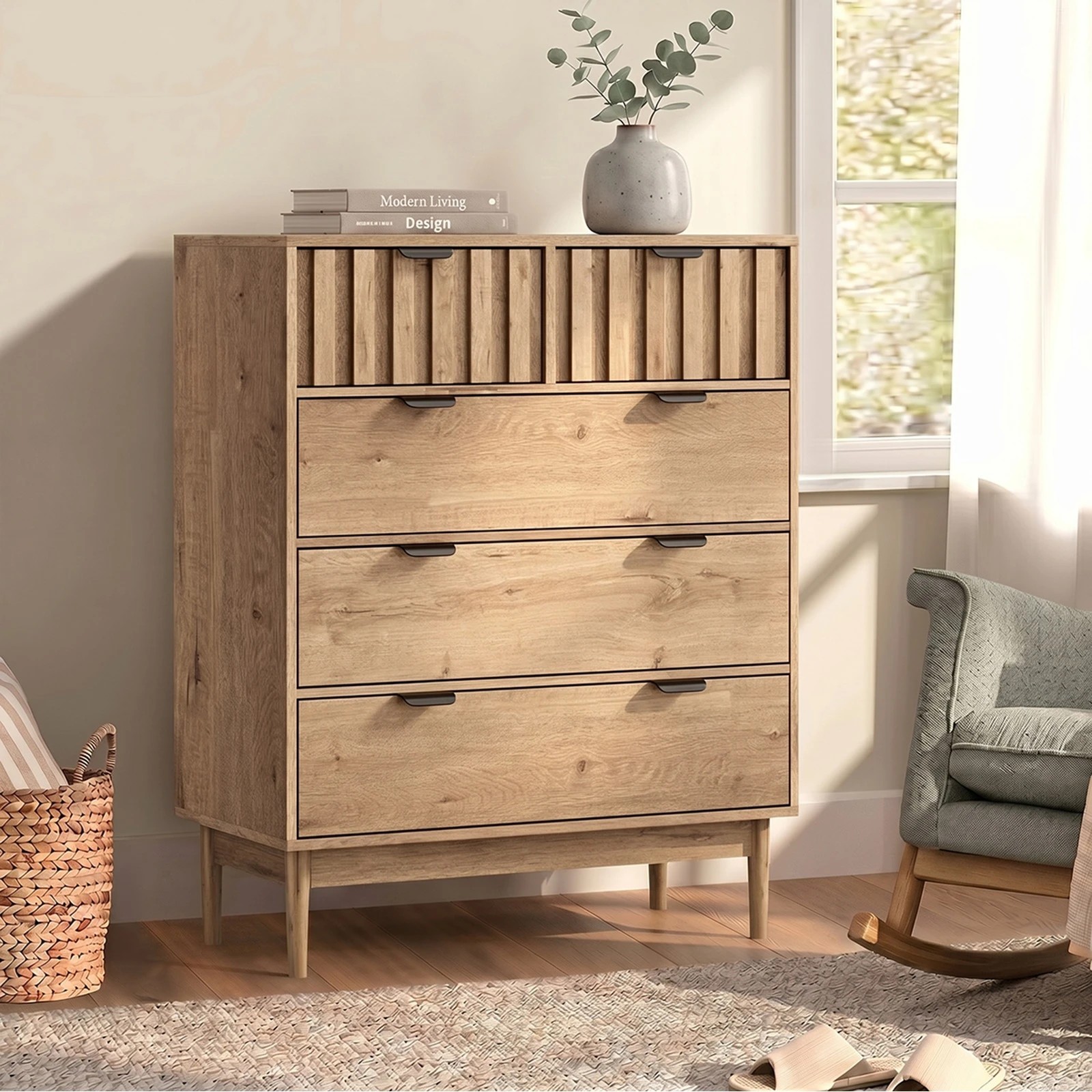 4 Oikiture 5 Chest of Drawers Dresser Tallboy Modern Nightstand Stripe - Natural, 4 of 8