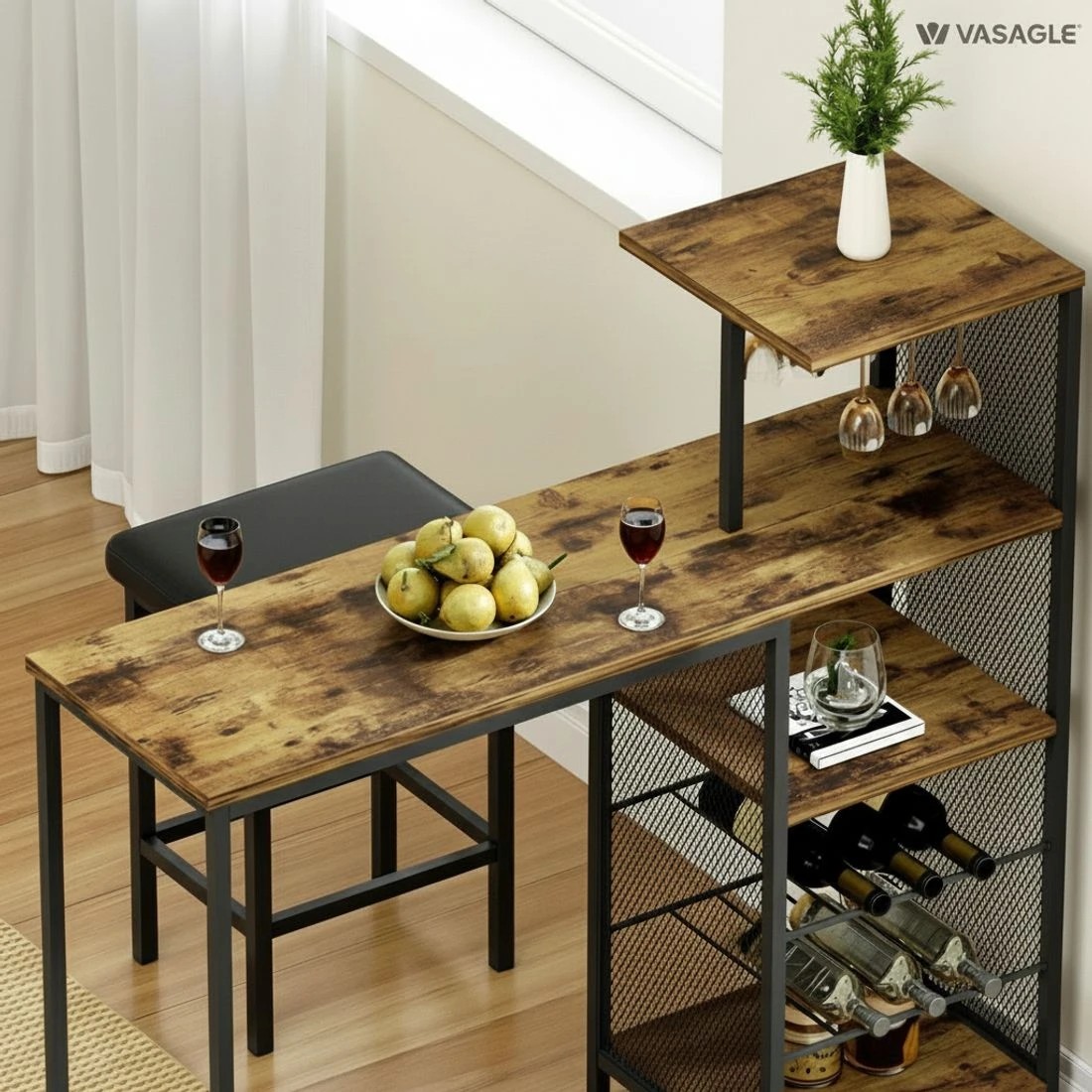 6 Artiss Industrial Bar Table Wine Rack Cup Holders Durable Storage Steel Metal Frame 122cm Compact Hub - brown, 6 of 8