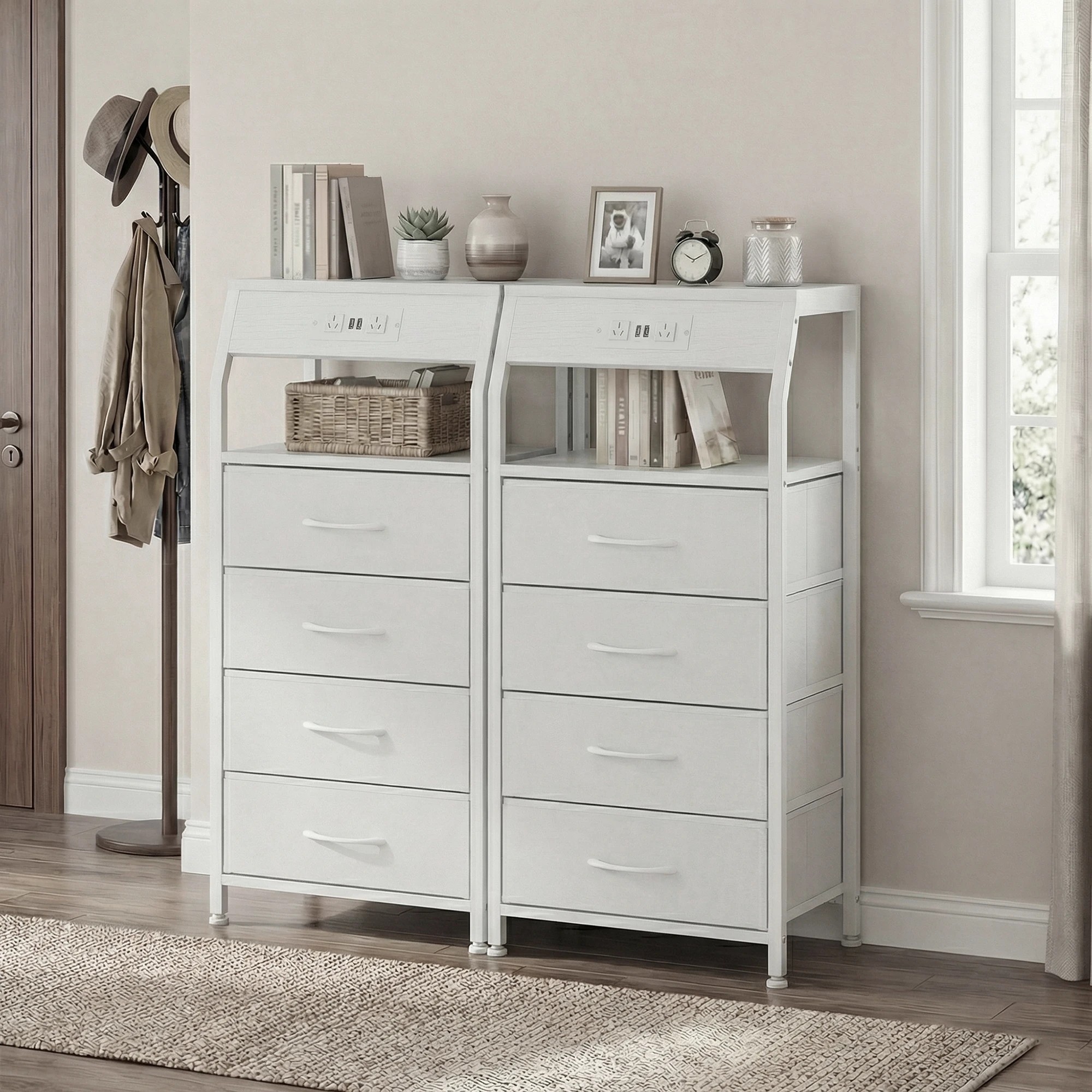 7 Advwin Set of 2 Bedside Table with Charging Station 4 Fabric Drawers Nightstand - White, 7 of 10