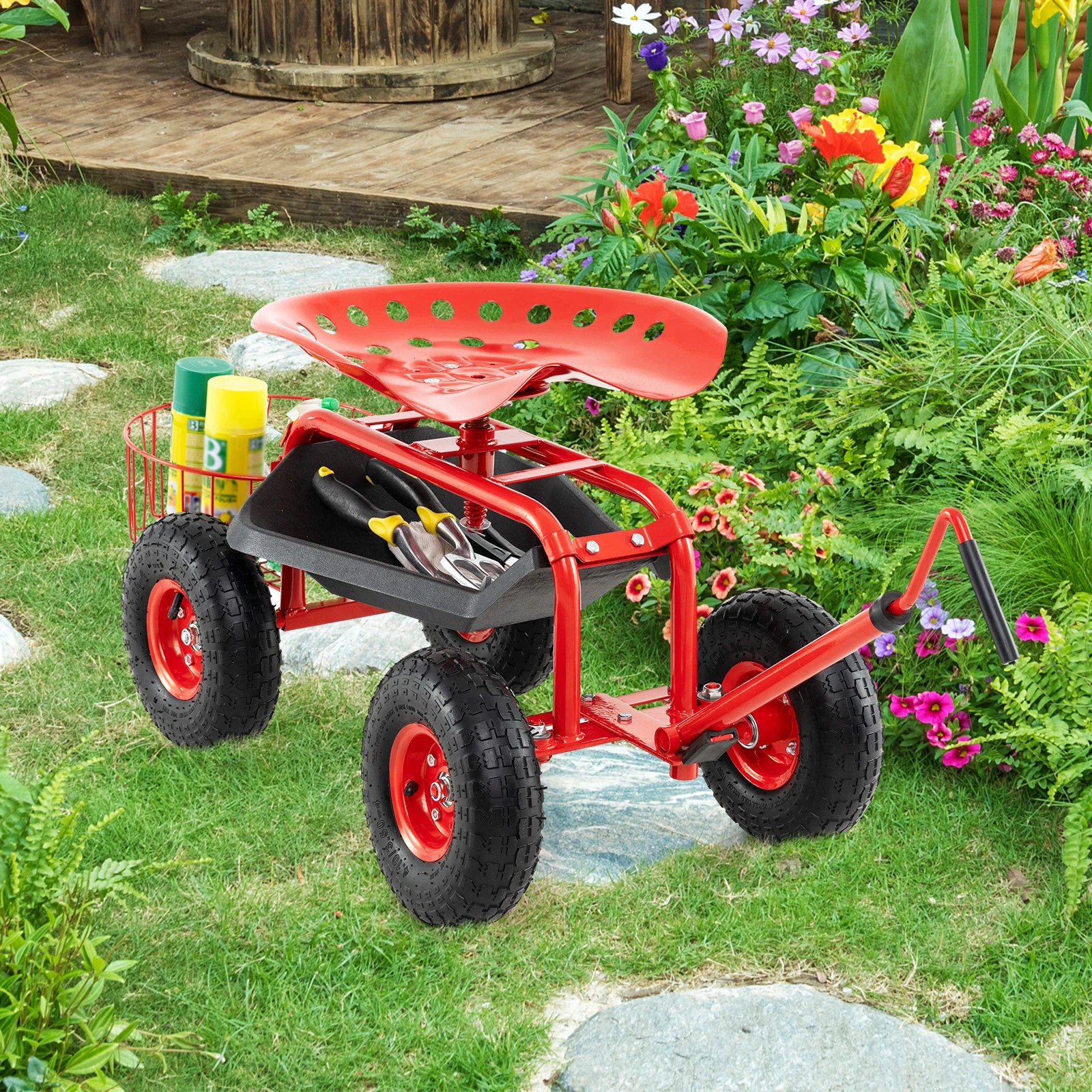 Costway Garden Cart Mobile Work Stool w/Tool Tray & Adjustable Seat ...
