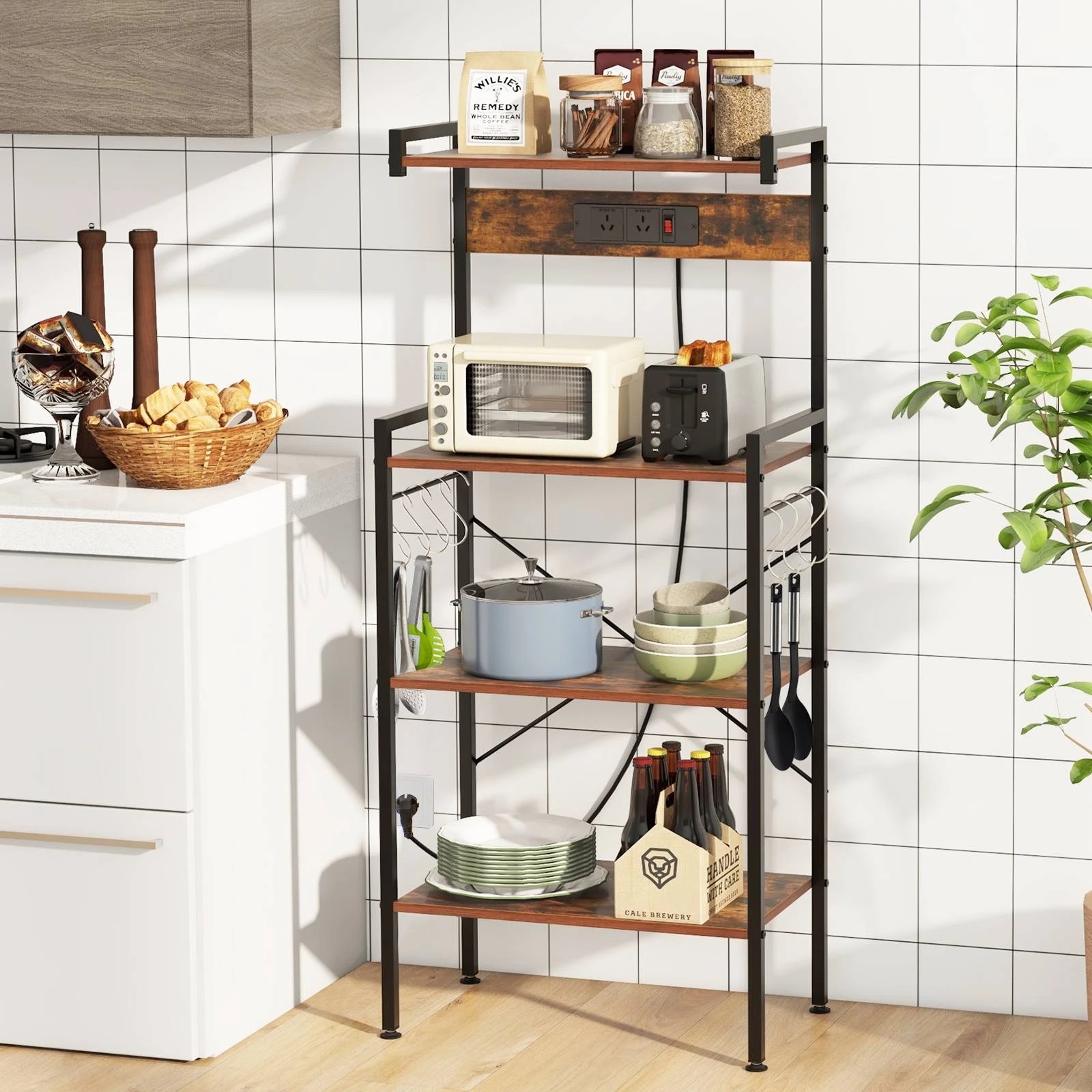 3 Costway 4-Tier Kitchen Bakers Rack w/Power Outlet & 8 S-Hooks Utility Storage Shelf - Brown, 3 of 4