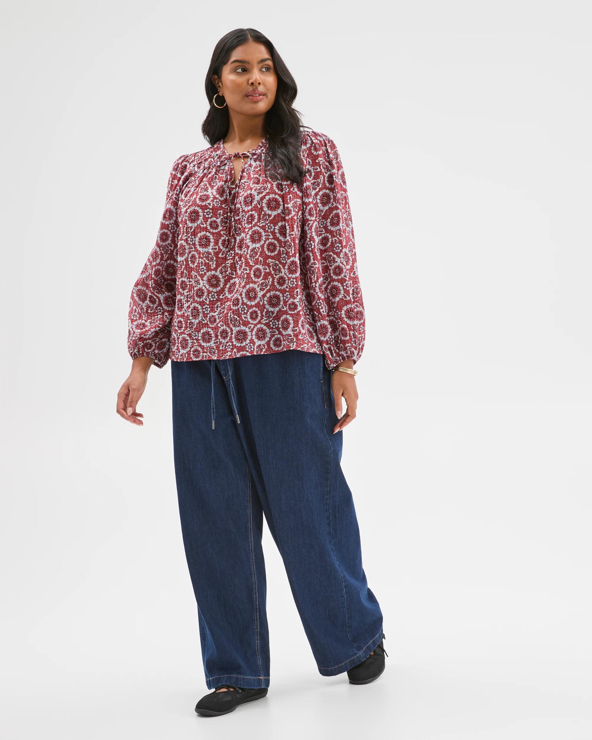 3 Target Curve Plus Size Long Sleeve Printed Gather Detail Blouse RED FLORAL, 3 of 6