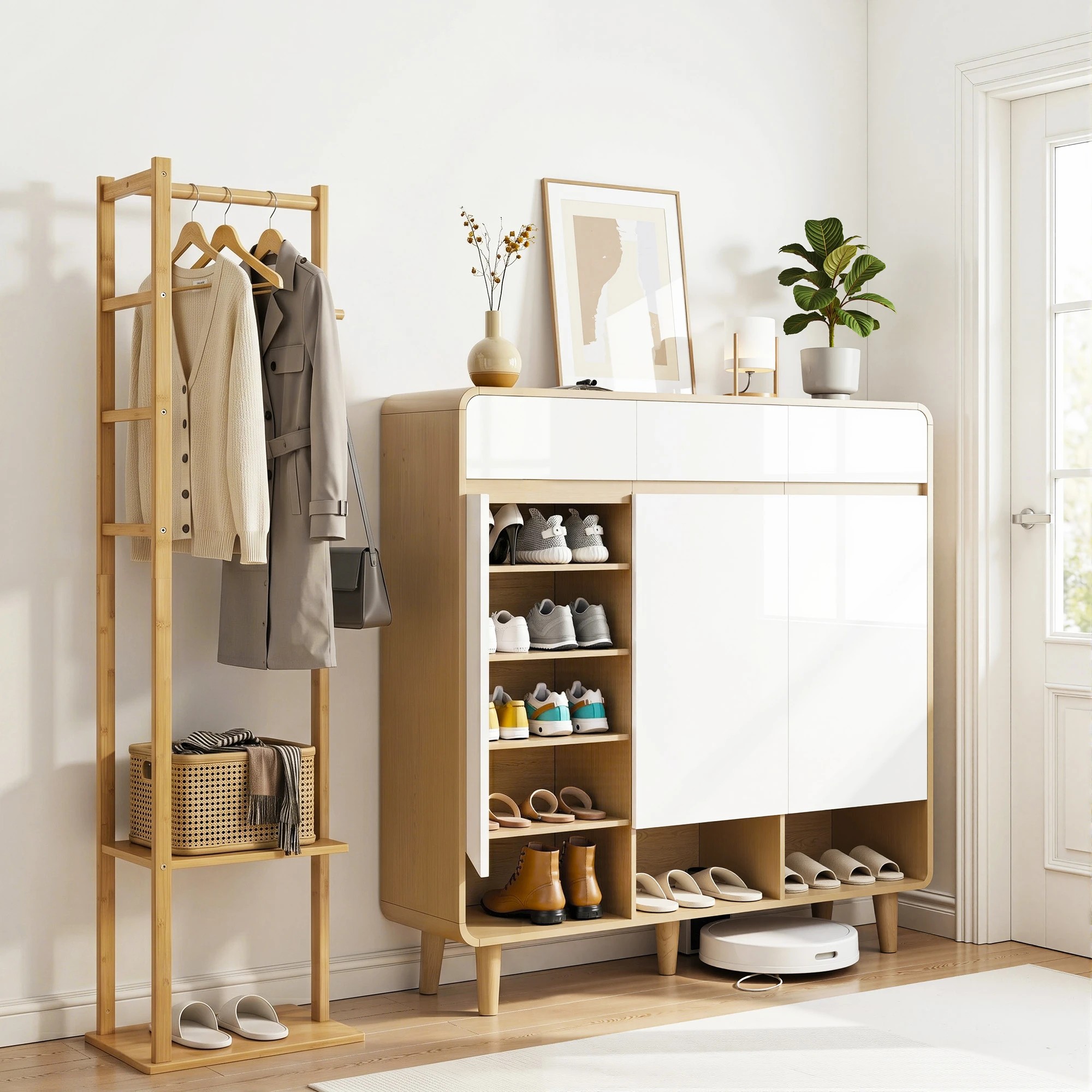 9 Artiss Shoe Rack Cabinet Wooden & Bamboo Clothes Rack Set Storage Shelf for Entryway Hallway - Multi, 9 of 9