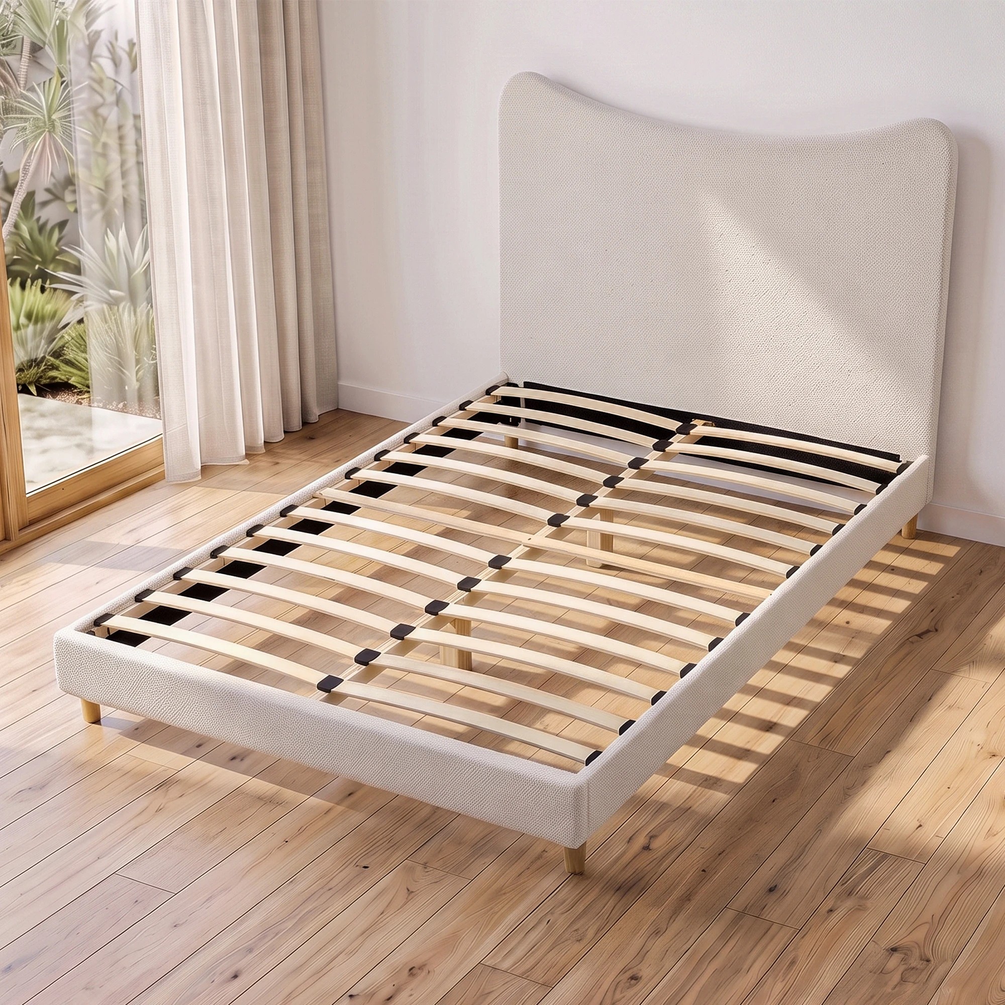 7 Artiss Bed Frame with Boucle Headboard, 300kg Capacity - Double Bed - Beige, 7 of 10