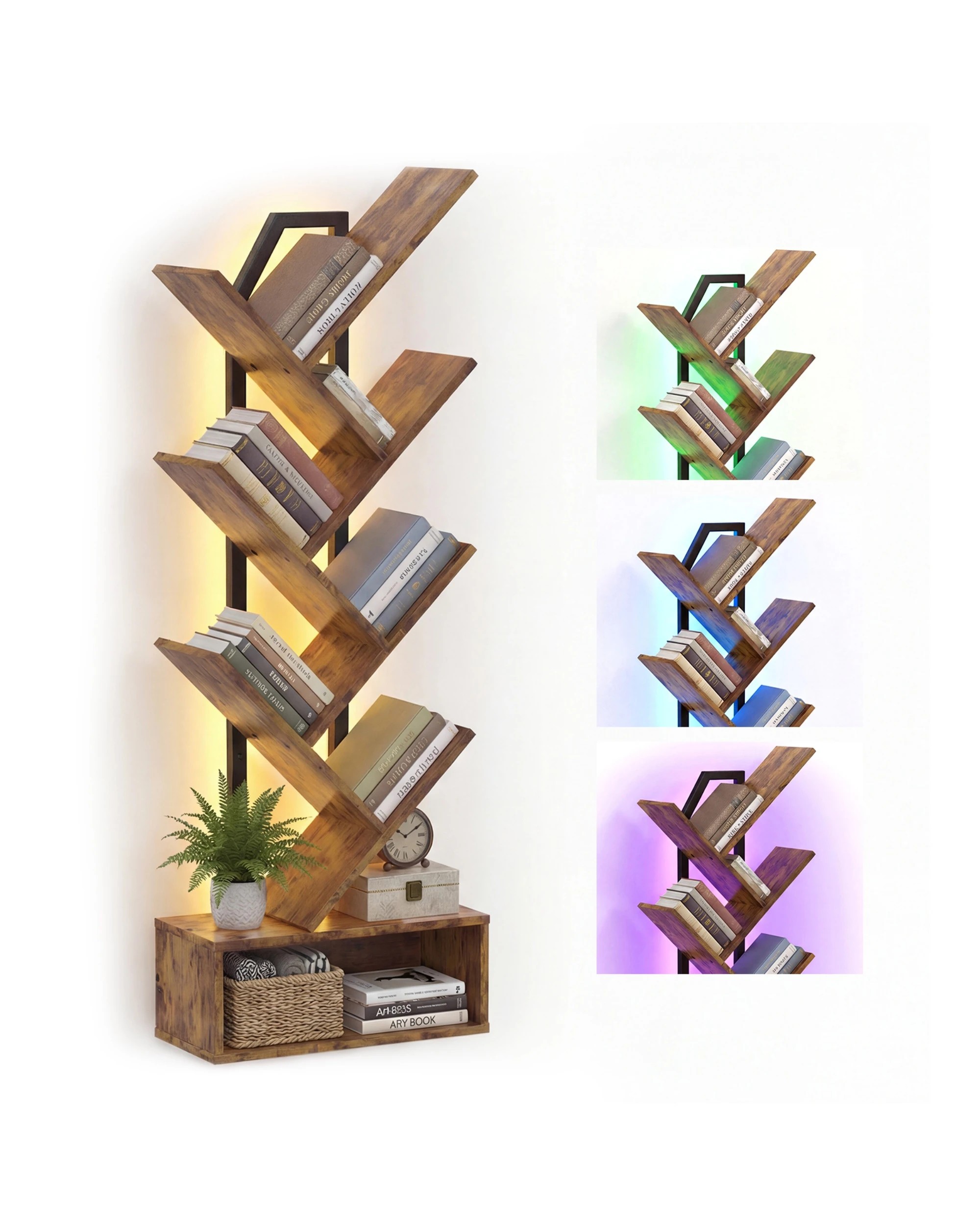 1 Advwin Tree Bookshelf with LED Lights 6-Tier Narrow Bookcase - Brown, 1 of 6