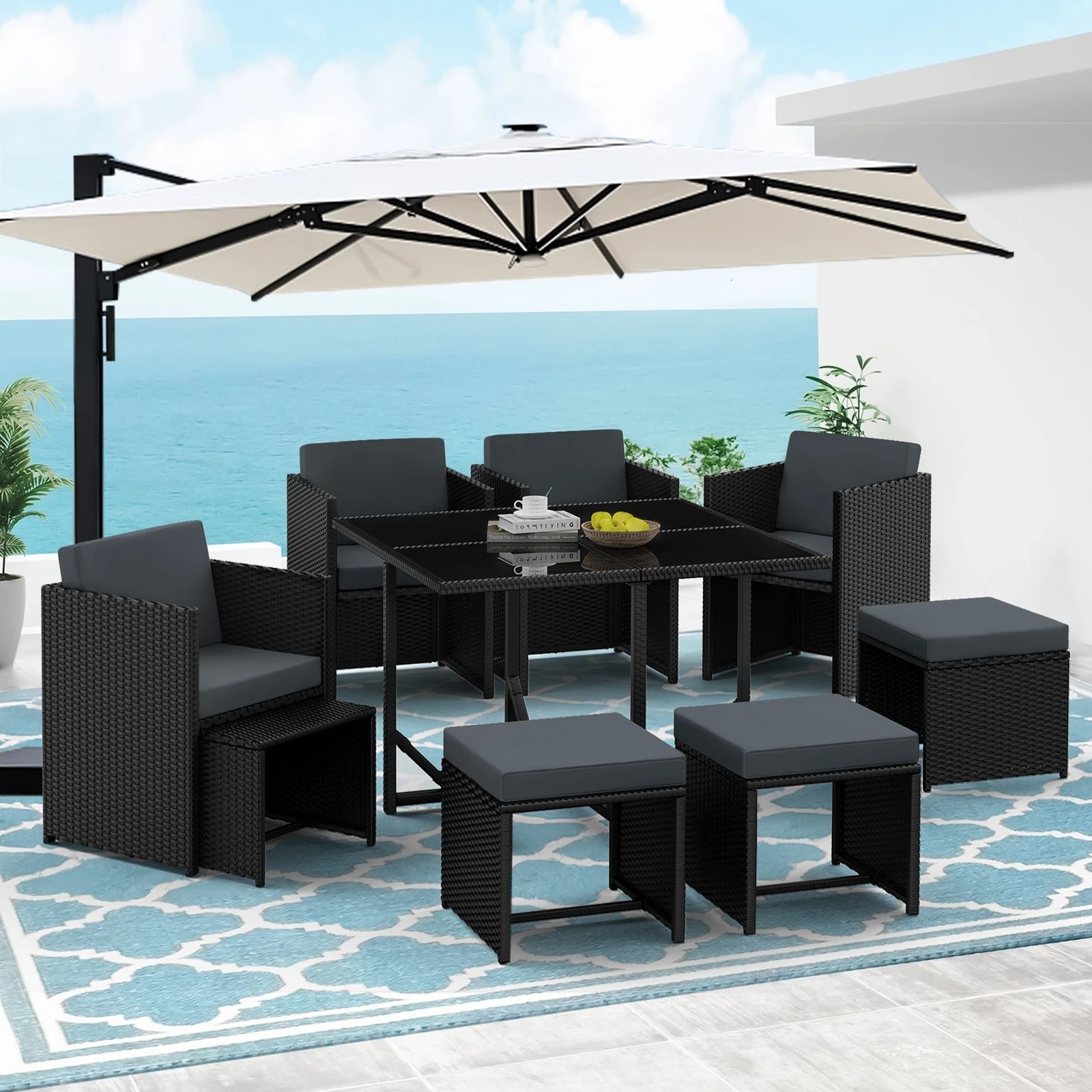 9 Alfordson Outdoor Dining Set 9 PCS Table Chairs Patio Lounge Wicker Furniture - Black, 9 of 10
