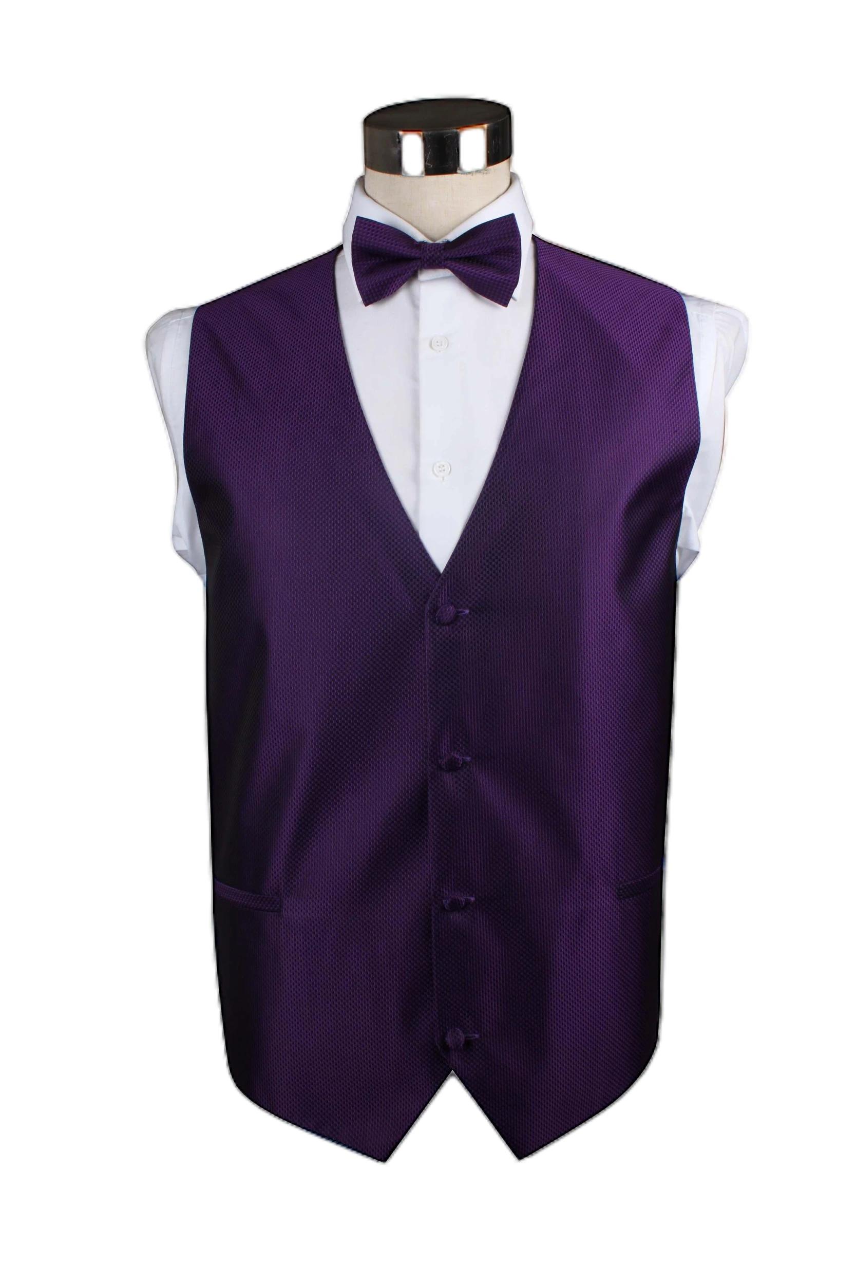 1 Zasel Mens Checkered Patterned Vest Waistcoat & Matching Bow Tie PURPLE, 1 of 1
