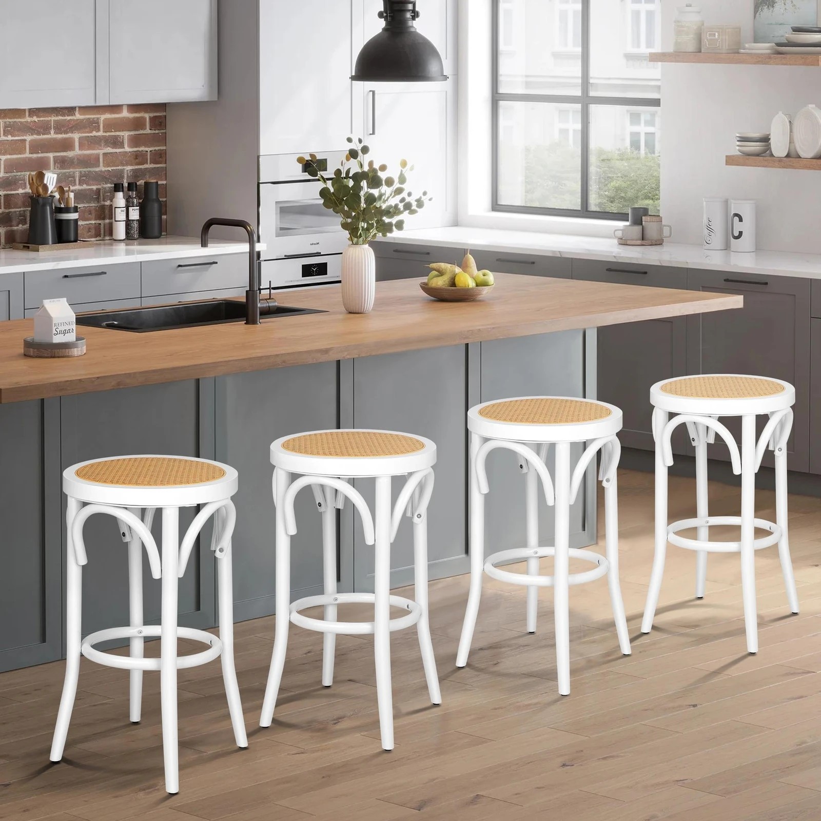 3 Alfordson 2x Bar Stools Kitchen Vintage Chair Rattan Mesh Seat Renata - White, 3 of 9