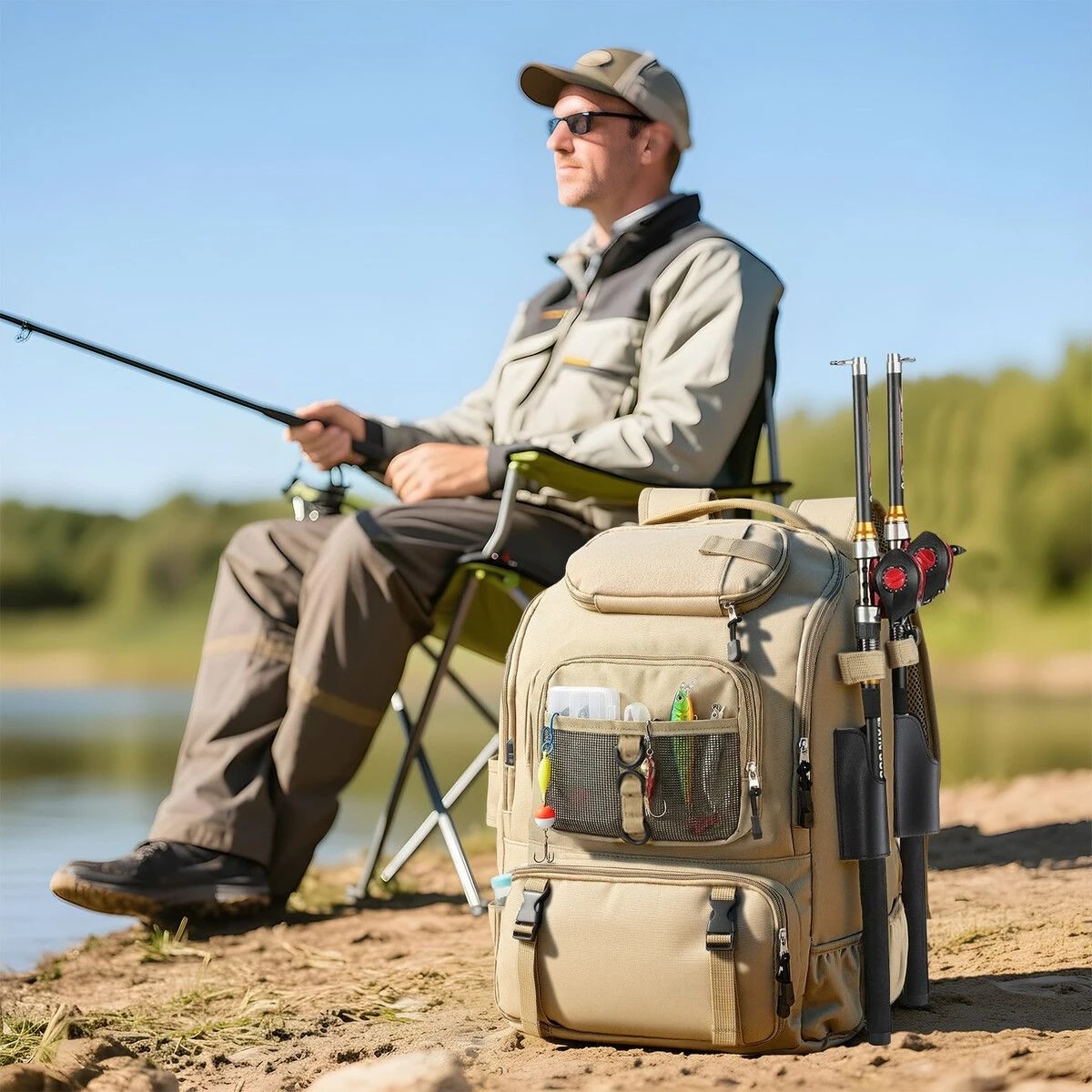 2 AUSWAY 40L Fishing Backpack Tackle Shoulder Sling Bag Water Resist, 2 of 3