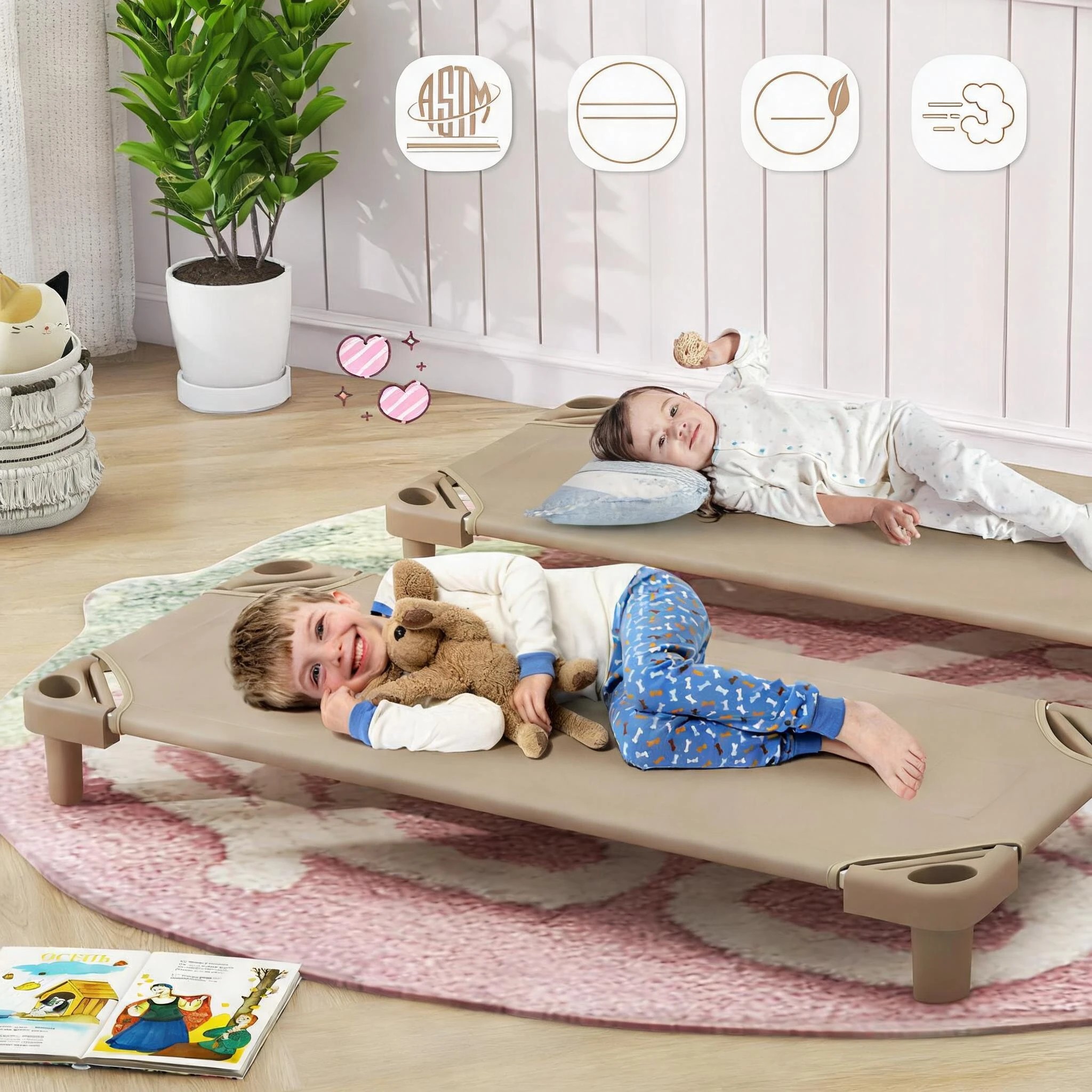 6 Costway 1.3m 6PCS Stackable Daycare Cot Space-saving Portable Sleeping Bed Mat - Brown, 6 of 7