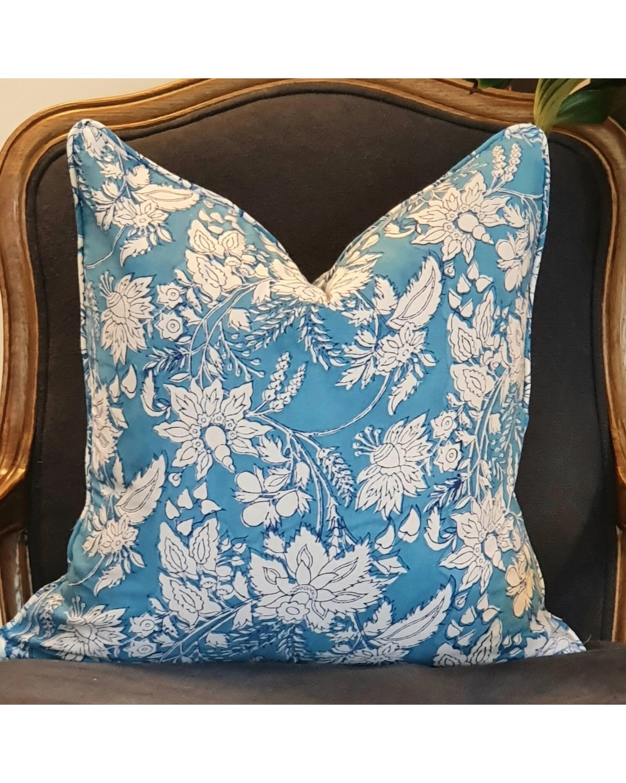 2 Kolka Blue Hamptons Soft Cotton Voile Decorative Block-Printed Cushion - Blue, 2 of 2