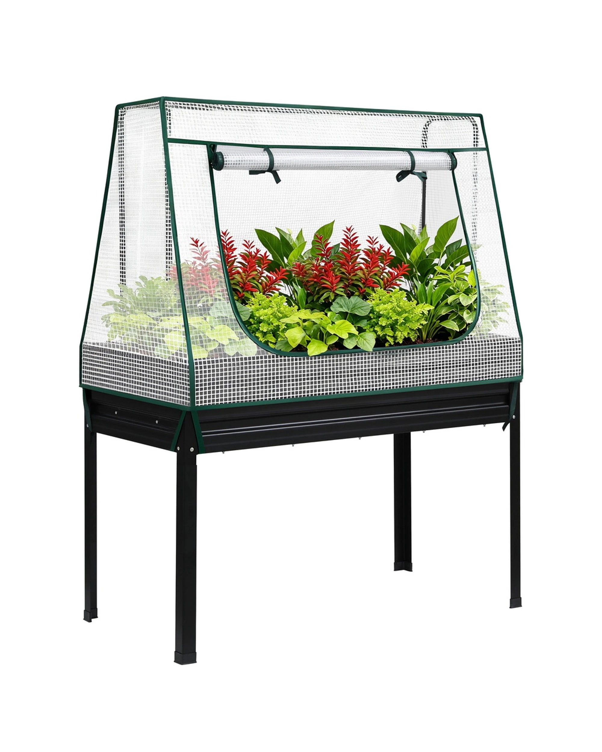 1 Green Fingers Elevated Metal Garden Bed Kit w Mini Greenhouse Cover 116x60cm Stand-Up Height Trellis - Multi, 1 of 4