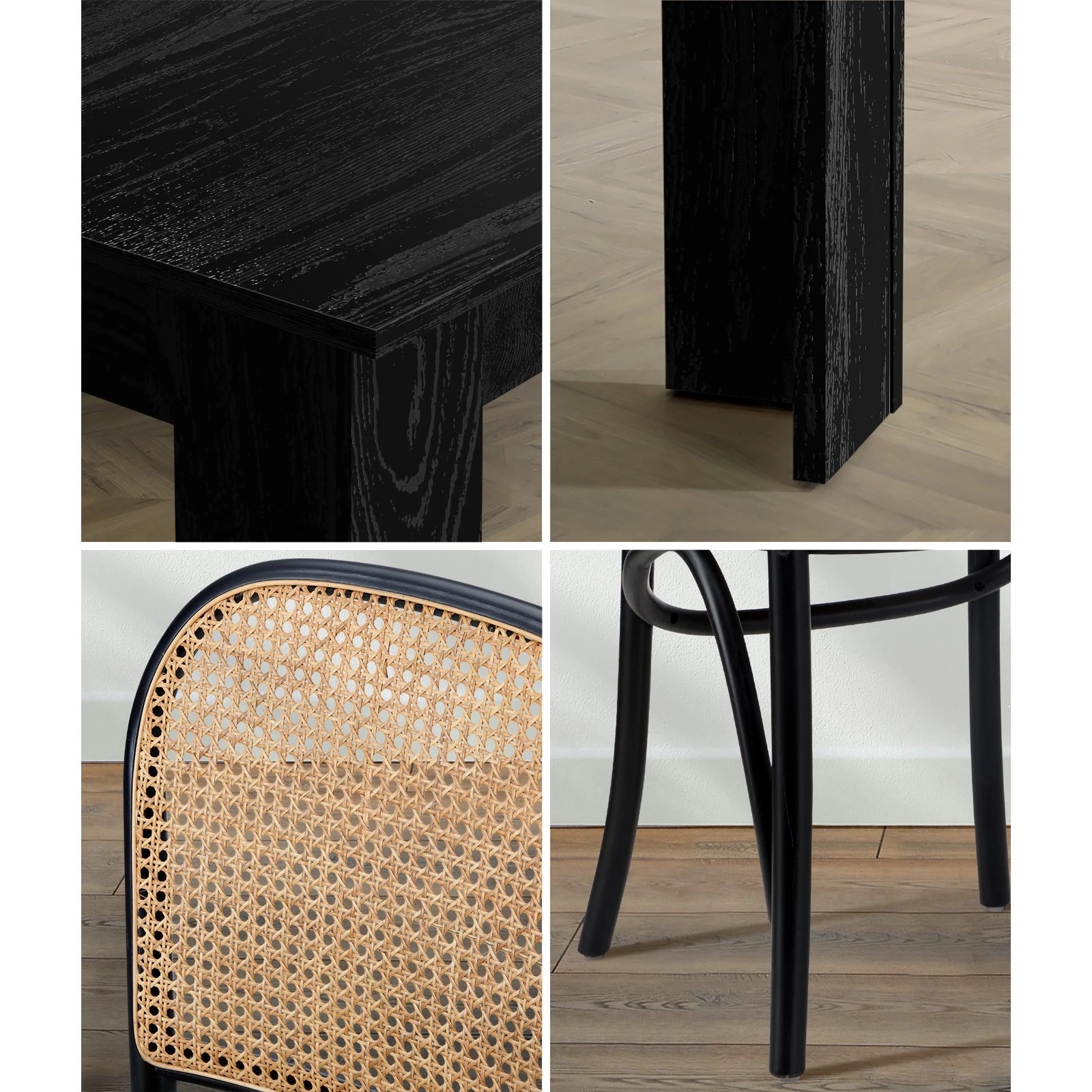 5 Oikiture 160cm Extendable Dining Table with 4PCS Dining Chairs Rattan - Black, 5 of 9