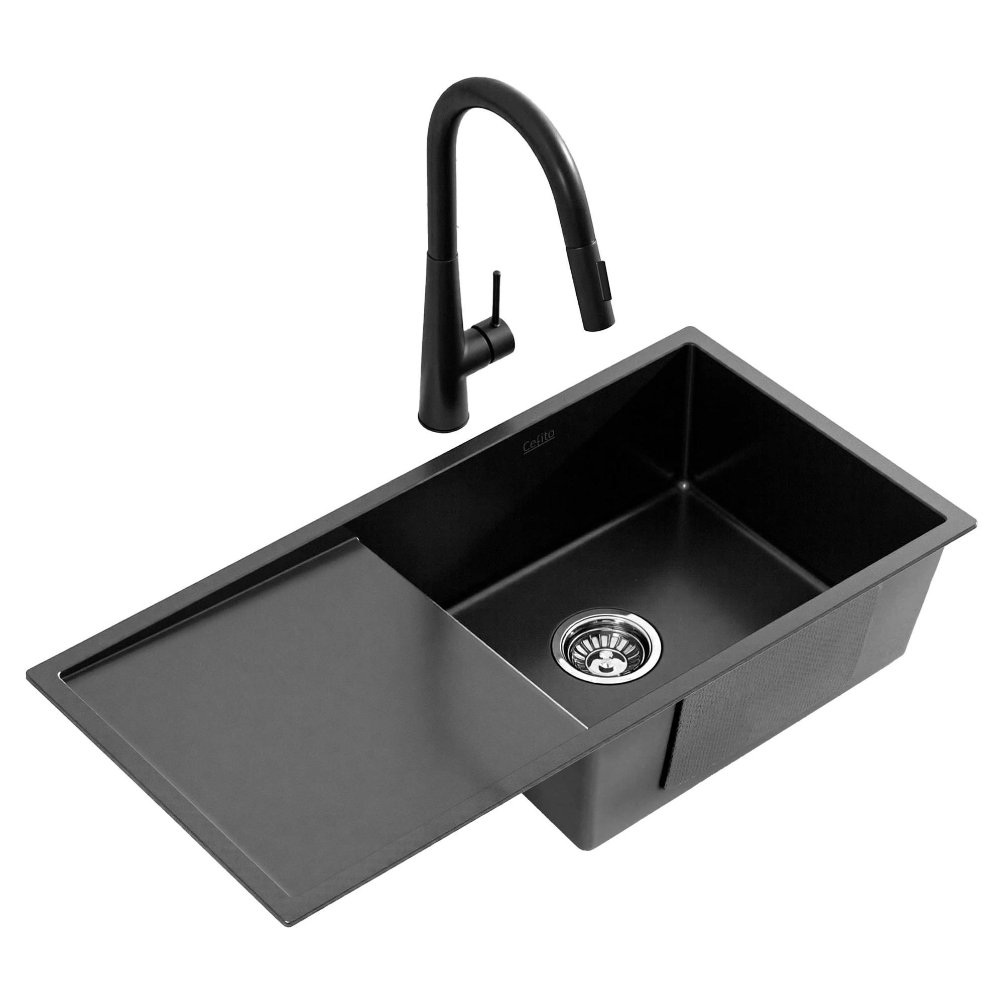 1 Cefito Stainless Steel Sink 75x45CM With Pull Out Mixer Tap Kitchen Basin Single - Black, 1 of 2