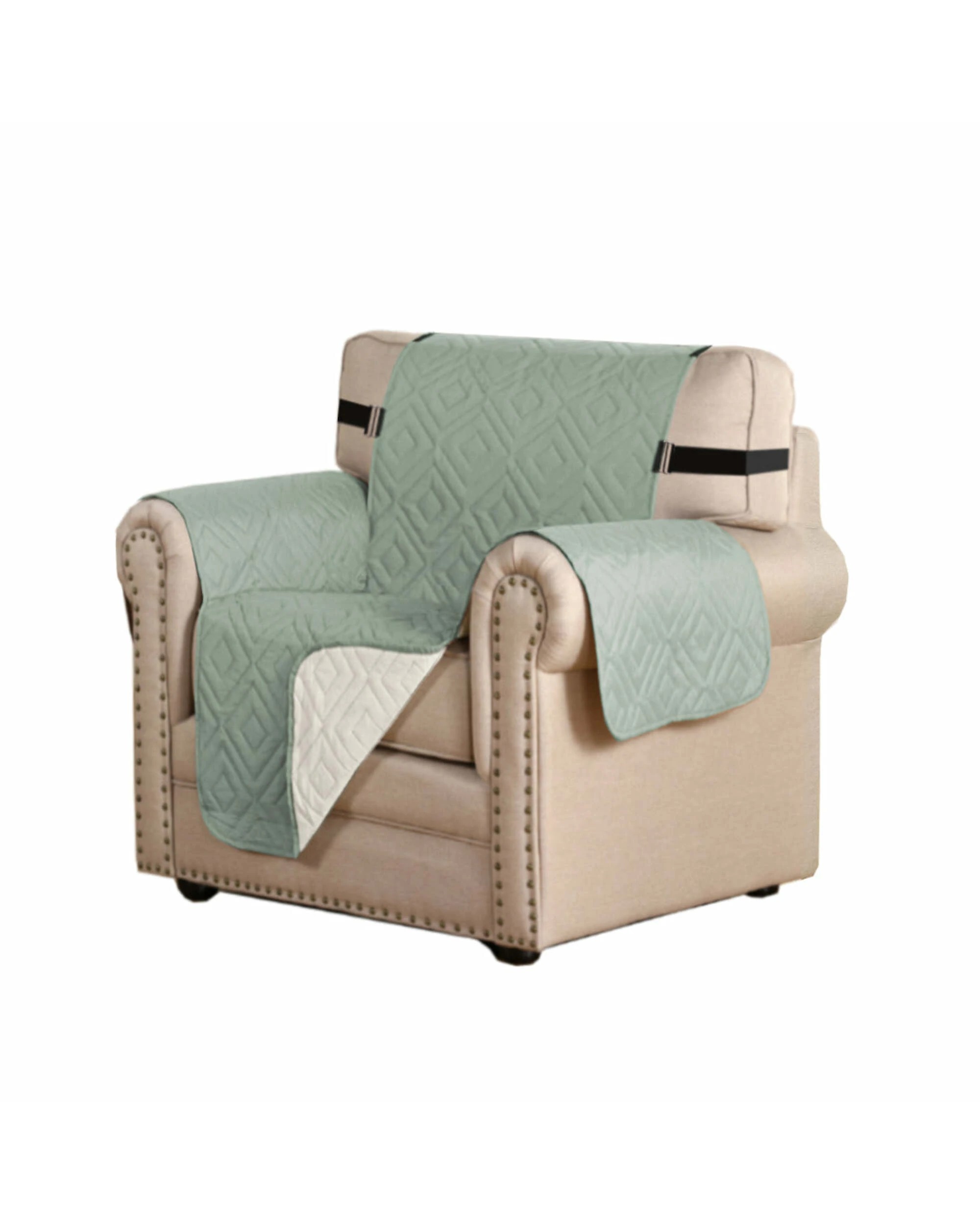 1 Smarcute 1 Seater Quilted Reversible Pet Friendly Sofa Cover with Straps - Green, 1 of 5